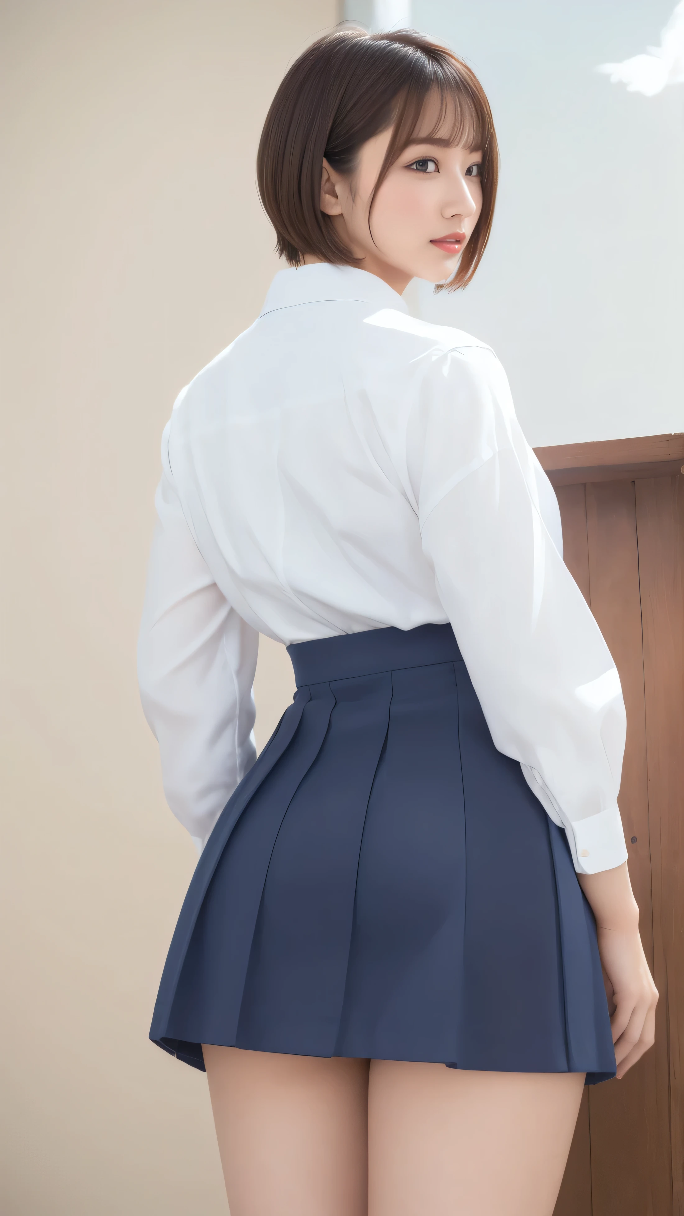 back view、 big ass,Thigh shot from behind、pink underwear、
(((masterpiece))), ((top quality)), ((Delicate Details)), (((surrealistic)), An absurd resolution, The law of near and far, 、very detailed, realistic, 1 girl, ((Colossal )), perfect hands with full nudity, detailed finger, Beautiful Details Eyes, short hair,,(dark blue tight skirt:1.2), Sensation 、Bright interior,white blouse, don't look at viewers , From the front、smile、 Mole on mouth 、Butt、calf