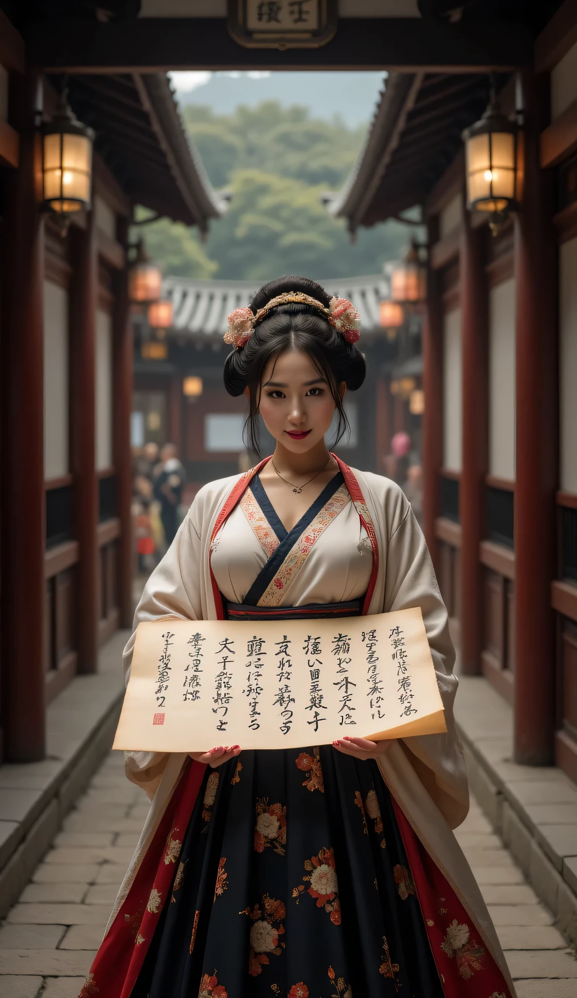 ((**Prompt:** during ancient japan tokugawa time, Create a hyper-realistic wide scenery image of a prehistoric japanese geisha female sitting confidently at the forefront, her full body view showcasing her elegantly busty silhouette. She holds writing down with her ink brush a large piece of hiragana text wide size manuscript paper adorned with striking hiragana font alphabetic syllabary japanese letters on the high long wooden table at the forefront. Symmetrically balanced within the composition. The geisha's japanese kimono obi gown shapely drapes gracefully, reflecting the cultural richness of ancient folk japan, complemented by her vibrant smile that radiates warmth and approachability. Inside the background, the majestic japanese palace looms, its architectural details accentuated by central leading lines that create a captivating sense of depth in an ultra-wide-angle perspective. The scene is enhanced with UHD ambience, featuring a blend of realistic textures and mixed lighting that adds life to the moment. Pay special attention to the female's hands, showcasing meticulously detailed anatomy while her shiny, lifelike hair cascades around her face. Capture the essence of artistry reminiscent of SilkPunkAi styles, ensuring the overall image is creatively rich yet respectfully aligns with the historical context.))