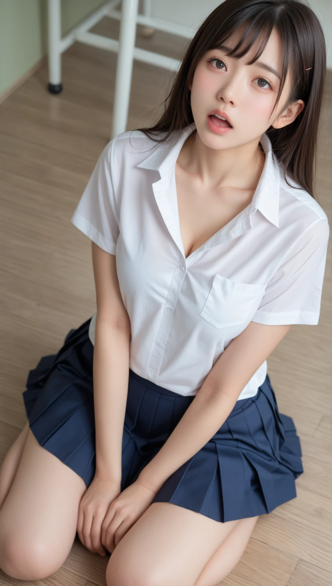 (Ultra-realistic), (figure), (High resolution), (8k), (Very detailed), (Best figure), (Beautiful and detailed), (Highest quality), (Super detailed), (masterpiece), (wallpaper), (Detailed face), alone, One Girl, watching viewer、(High resolution),(High resolution),(High resolution),(8k), One girl, Wulan_guritno、School_uniform_school logo_big logo on the pocket shirt_pure white_shirt_light blue grey_skirt_white_Knee socks_converse_shoes、Rain, wet shirt, In the forest, Lying on the grass, Crossed legs, shirts lift, Large round breasts, Show off your breasts, Crossed legs, extreme close-up shot, Shot from below,