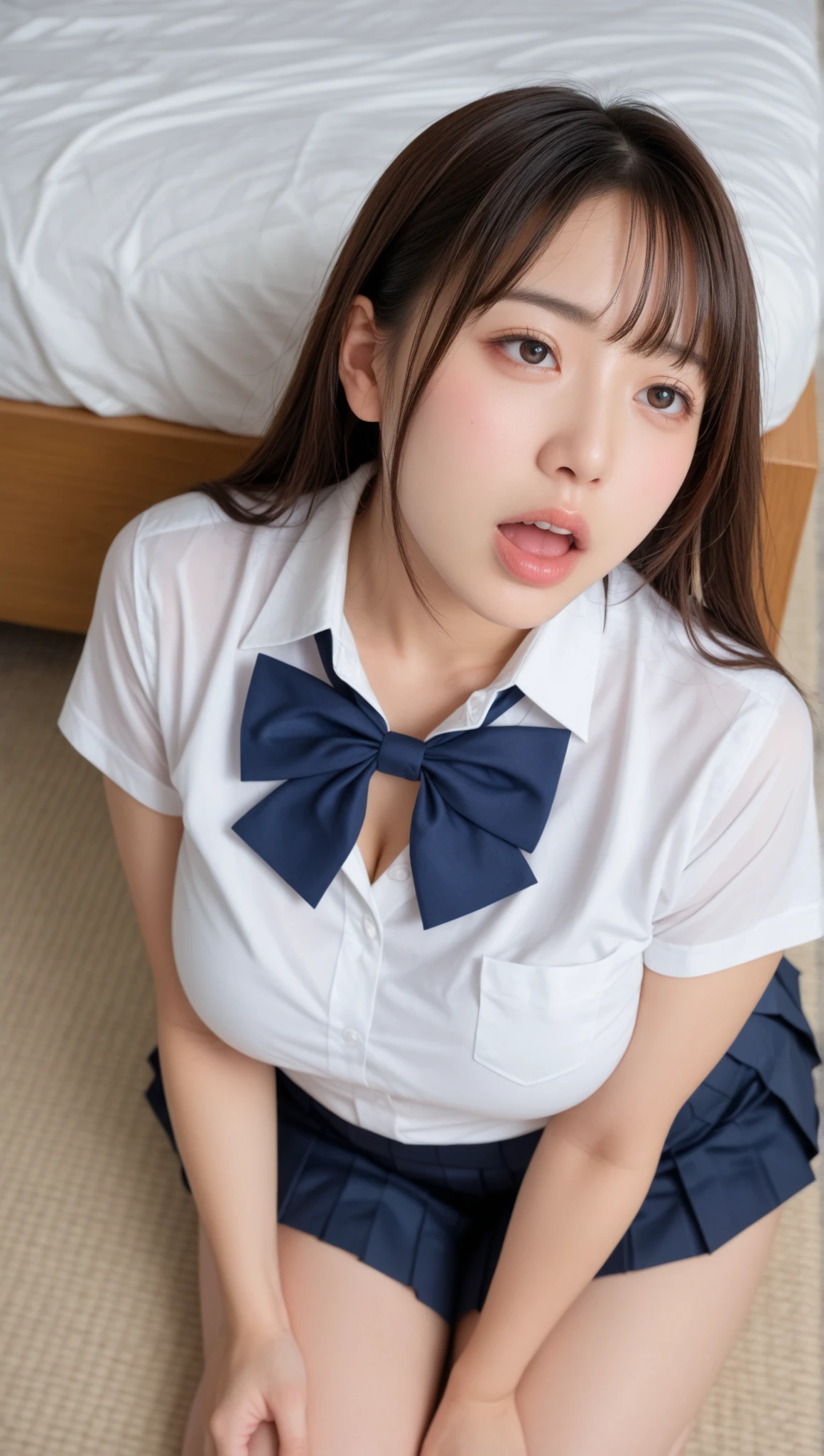 ((Breast enlargement)), (masterpiece, Highest quality:1.2), 8k, Young and beautiful girl, 85mm,Official AR RAW Photos, (Baby Face), ((Small face)), (((Super big breasts))), Detailed nipples, Show me your ears、photo shoot, Cute Face, Thighs, Classroom after school, Looking at the audience, Captivating look、smile、 compensate, Film Grain, chromatic aberration, Sharp focus, Face Light, Bright lighting, 10 generations, Detailed face, Background Blur、((((((14 year old high school girl))))))、Tight waist, ((Schoolgirl uniform, Pleated mini skirt)), (White tiny panties), Sit on the floor with your legs spread, (look up), Looking down from above, Close-up of face and chest, ((Please stick out your tongue and open your mouth)), Sensual look