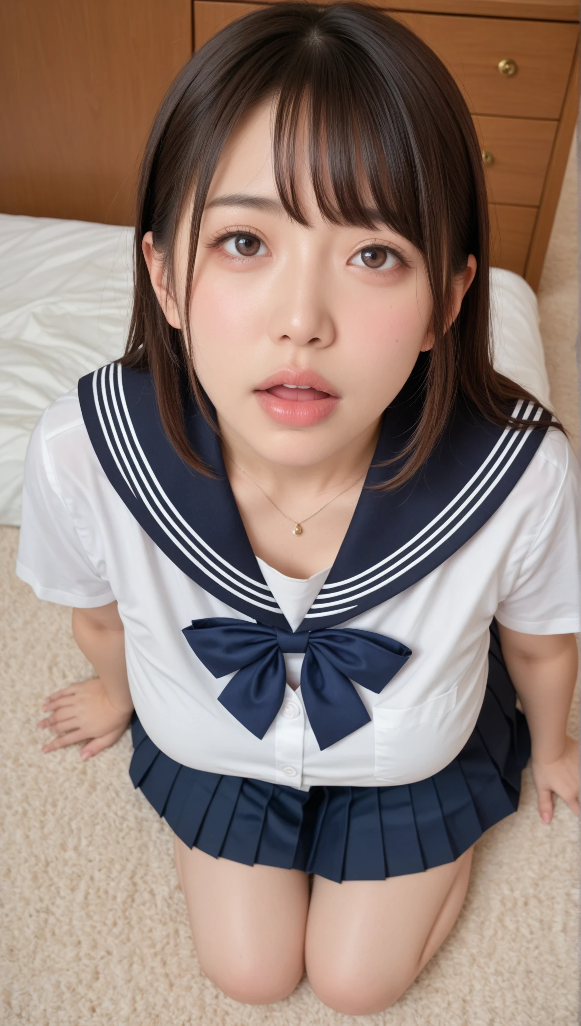 Masterpiece, best quality, 16K, photo realistic, 1girl, japenese school girl, pregnant, uniform, front view, big boob, cowboy shot, Baby Face, blunt bangs, long hair, Short stature, roundly face, (14yo:1.5),
