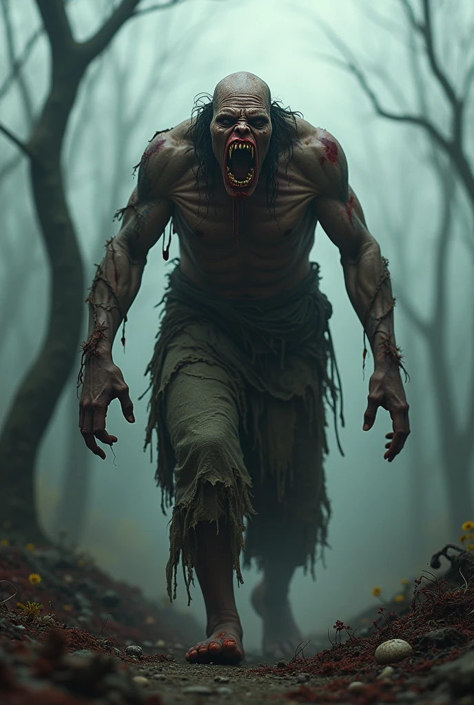 (Photorealism:1.2), Infected zombie, body swollen by salt water, fat, monstrous size, torn clothes, rags, crustaceans attached to the skin, open wounds, outdoors, swampy area and mangroves in the background, sunlight, sand, realistic, intricate details, warm colors.