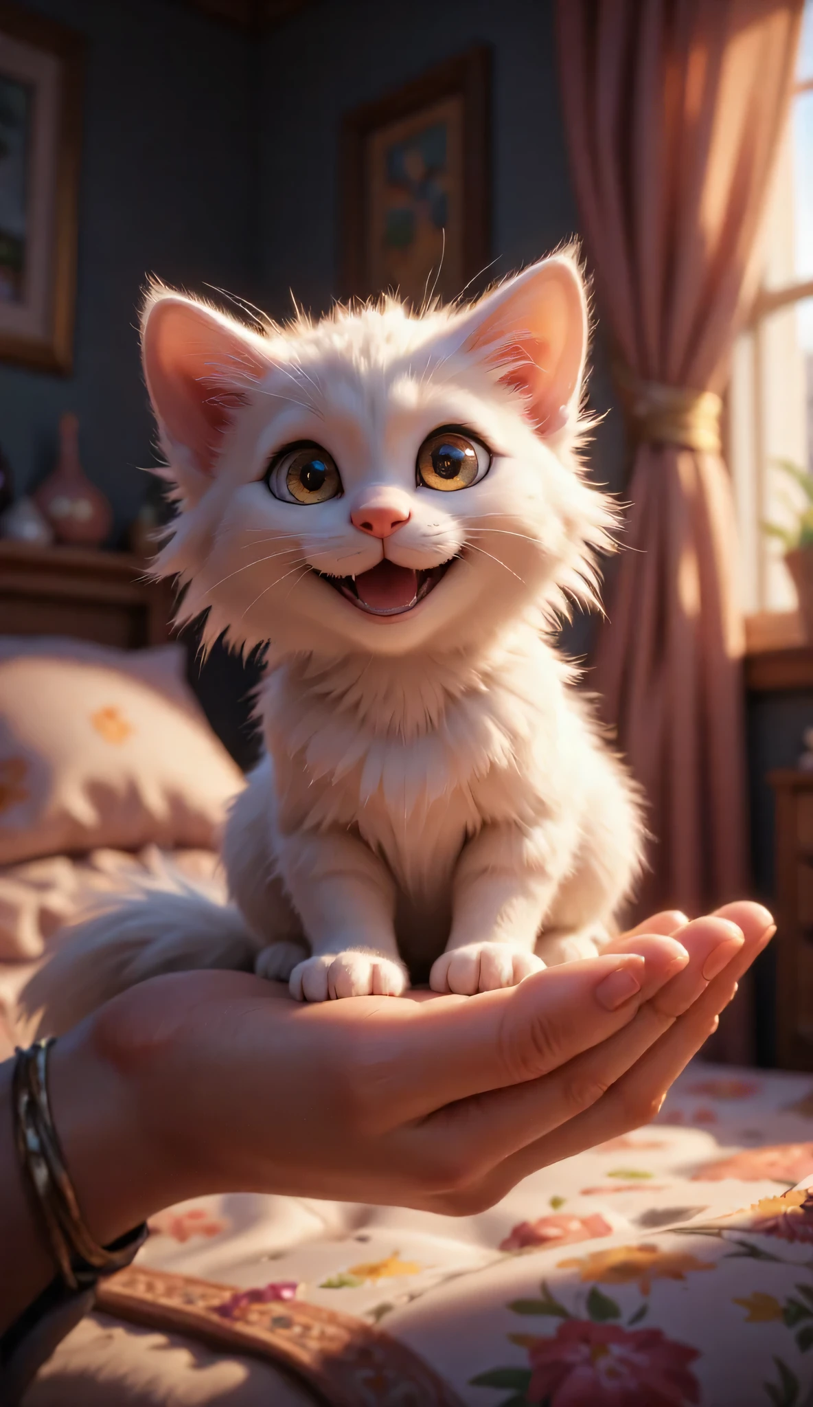 3D cute happy little white kitten sitting on the human's palm; The scene features a beautiful bedroom in the morning; Background Blur