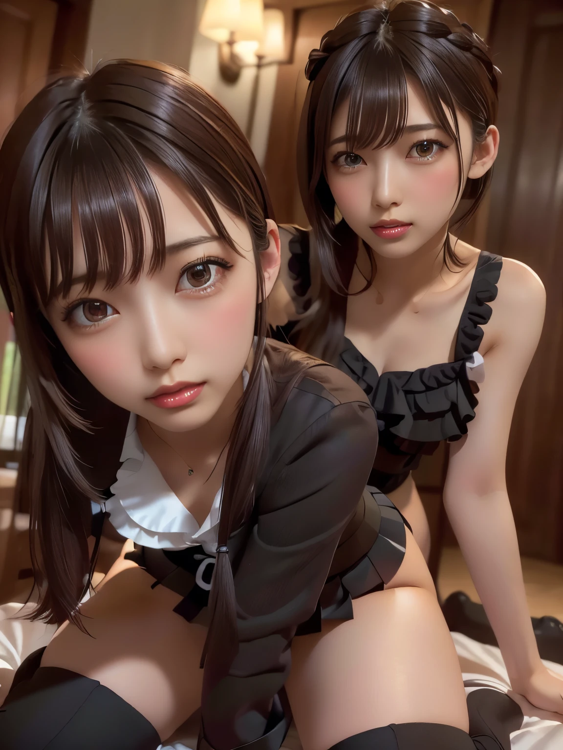 Girl in bed，Bare upper body，Wearing black lace panties,, Realistic schoolgirl, cute female student, Realistic young anime girl, seductive anime girls，tempting pose，Wearing black stockings，Double ponytail hair，Spread your legs，slimfigure --auto