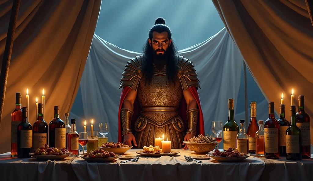 Ancient worrier, bold, tall and handsome, Dinner, crimson eyes, burning candles, dining table, angry look with smile, full of colors