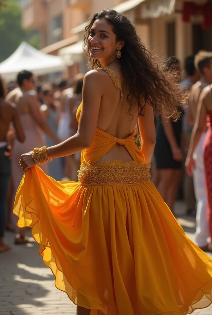 (photorealism:1.2), beautiful giant woman, sitting on small people,wearing emerald green satin pants, long curly hair, outdoors, soft lighting, city in background, ,sunlight,small city, back view realistic, intricate details, warm colors, by Greg Rutkowski, by Alphonse Mucha