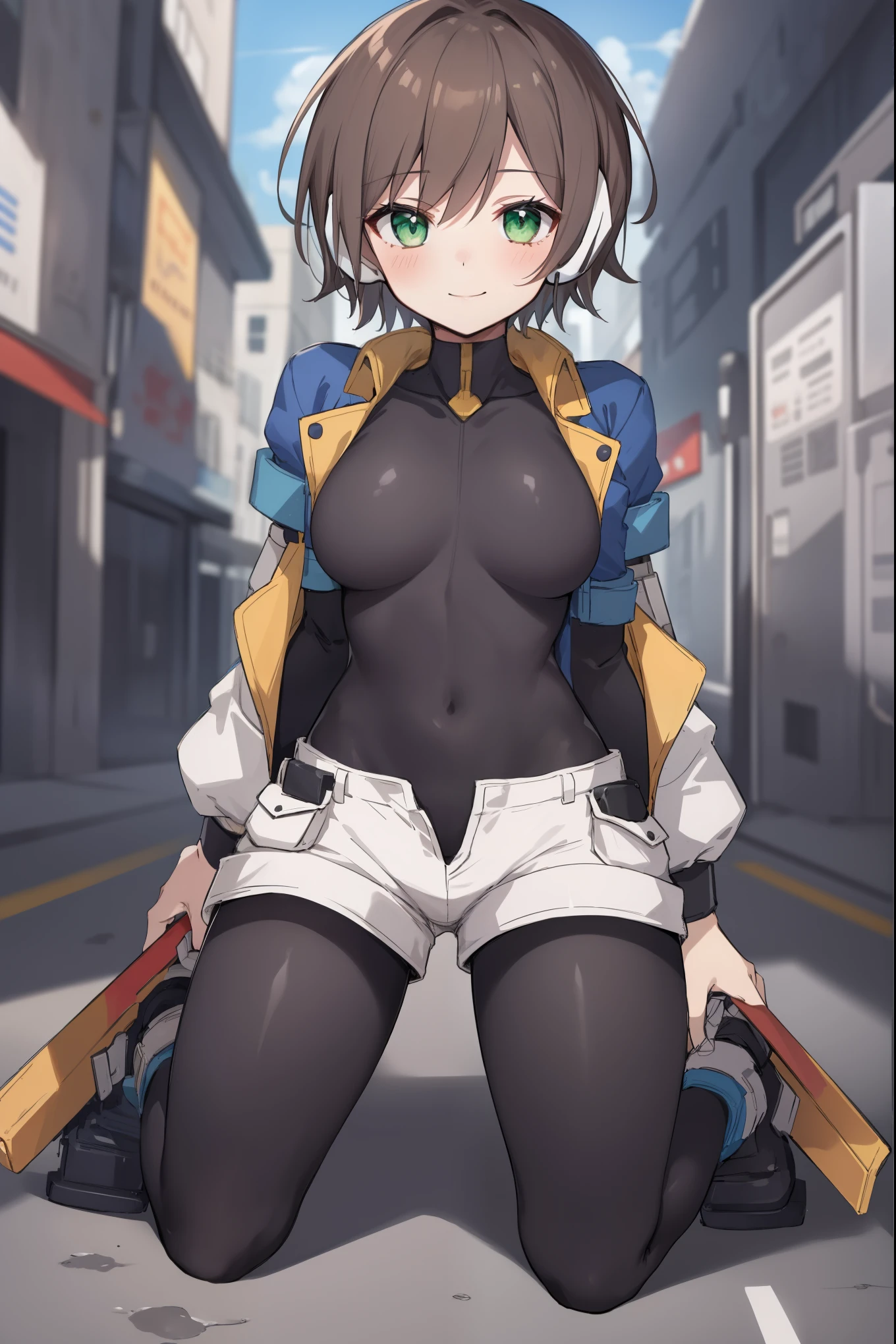 (kinako_(shiratama_mochi) style, ((topless)), nsfw, masterpiece, 1 girl, erect nipples, intricately detailed, navel, bare shoulders, white hair, hard hat, construction site, towel on neck, wiping sweat, baggy pants, cargo pants, extremely detailed, bare breasts, puffy nipples, green eyes, bare stomach, sweaty, medium breasts, arm strap, cowboy shot, holding sledgehammer, mature, chain, soft eyes, smiling, sunlight, day