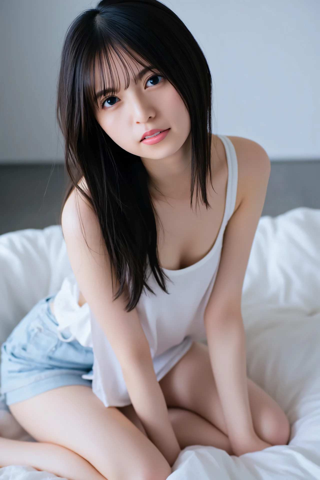top-quality、​masterpiece、超A high resolution、(Photorealsitic:1.4)、Raw photo、女の子1人、Dark hair、glowy skin、Dramatic Writing、full body Esbian、female dog、maikurobikini、Colossal tits、A smile、Raw photo、slender and slender figure