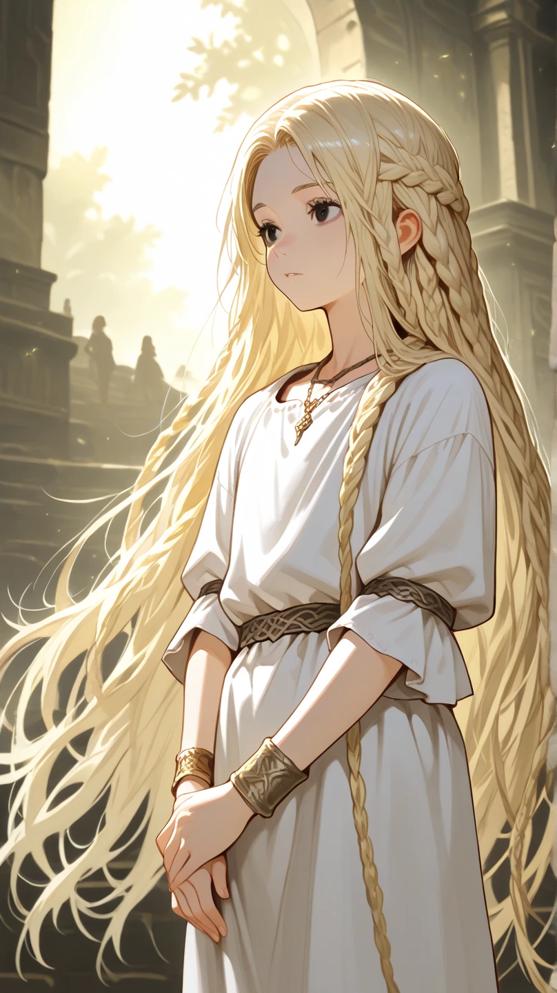 Young man, Blonde hair, braids, black eyes, White tunic, necklace, short sleeves, long sleeves, bracelets++ Miquella++ Miquella The Kind++ Elden ring++ Femboy++