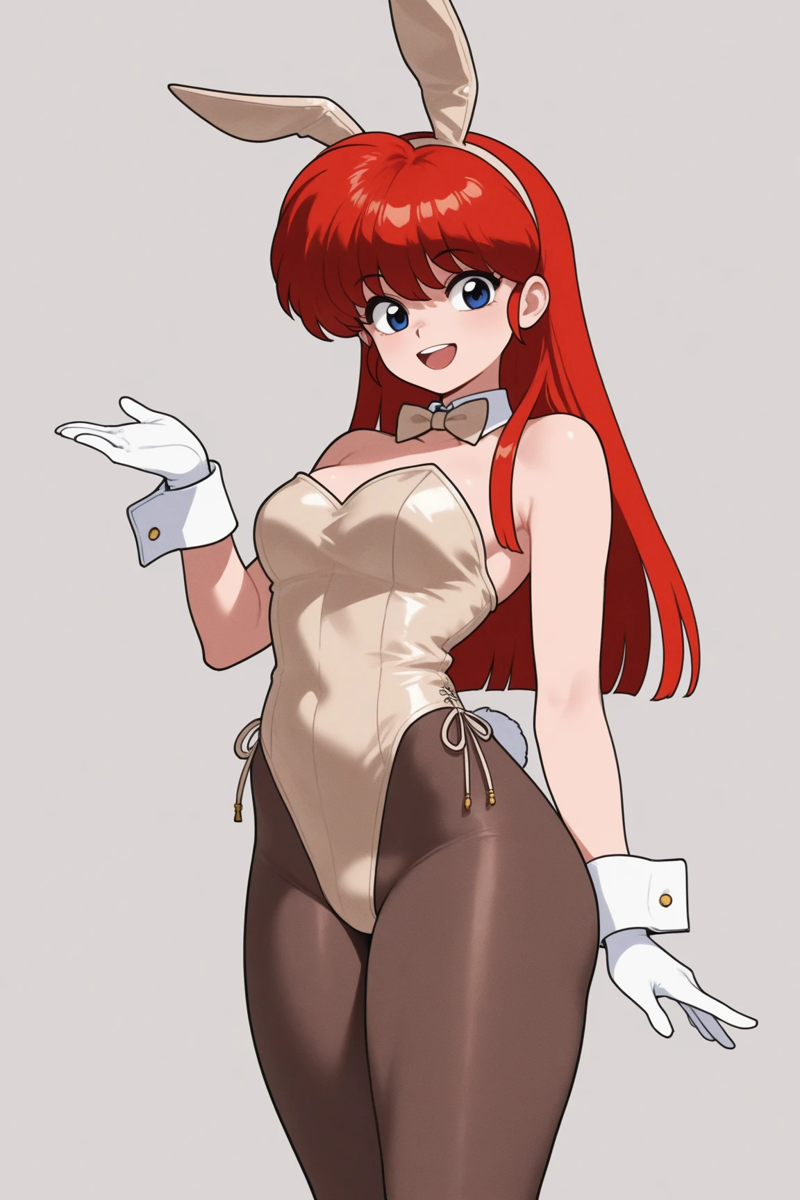 kasumi, red hair, pony tail, red eyes ,1girl, solo, small breasts, ,earrings glossy lips ,looking at viewer, blush, large breasts, nature, pond, trees, park, long white elbow satin gloves, holding, animal ears, cleavage, bare shoulders, jewelry, very l, gentle smile, pantyhose, earrings, fake rabbit ears,  leotard, fake animal ears bunny, long white elbow gloves