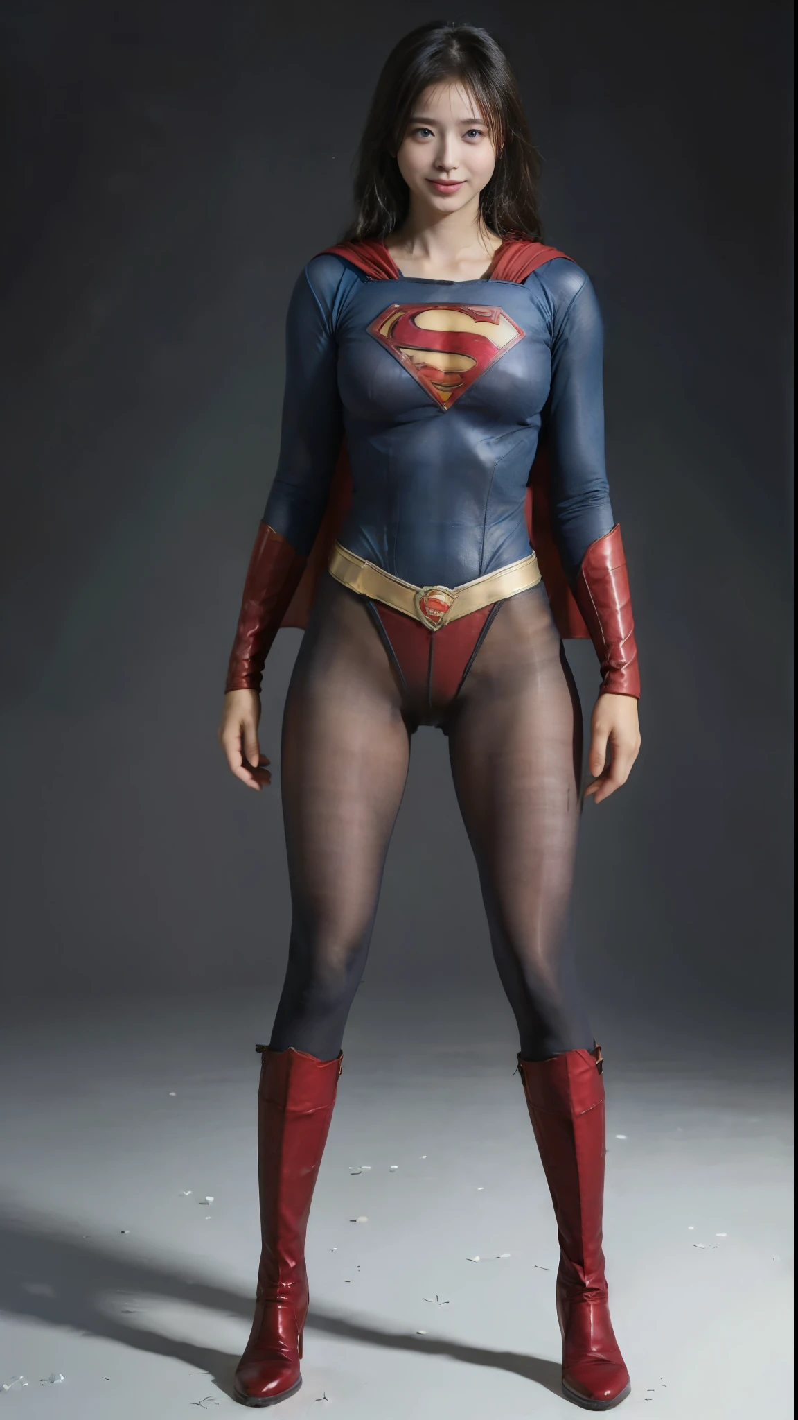 No background、She always has her mouth open、She always has a sad look on her face、Always close your eyes、(((Beautiful legs in black tights.)))、(((Stretch your legs、expensive、Showing a beautiful smile)))、((((Make the most of your original images)))、(((Supergirl Costume)))、(((Beautiful Short Hair)))、(((Suffering face)))、(((Black tights legs、Wear red boots)))、((Best image quality、8k))、((Highest quality、8k、masterpiece:1.3))、(((Preserve background )))、Sharp focus:1.2、Beautiful woman with perfect figure:1.4、Slim Abs:1.2、Wet body:1.5、Highly detailed face and skin texture、8k