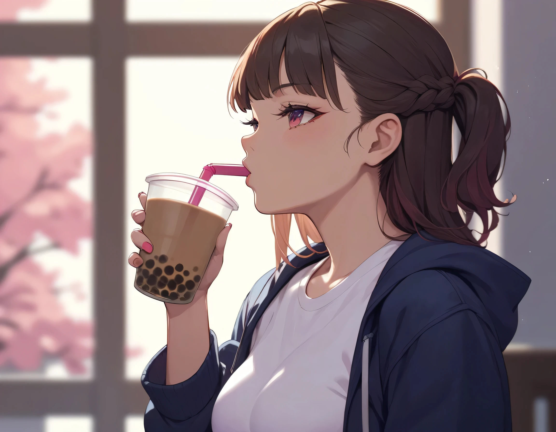 ((((ultra illustrated style:1.0)))),best quality,best animated,masterpiece,ray tracing, global illumination,bubble tea challenge,1girl, solo, looking at viewer, outdoors, upper body, large breasts,