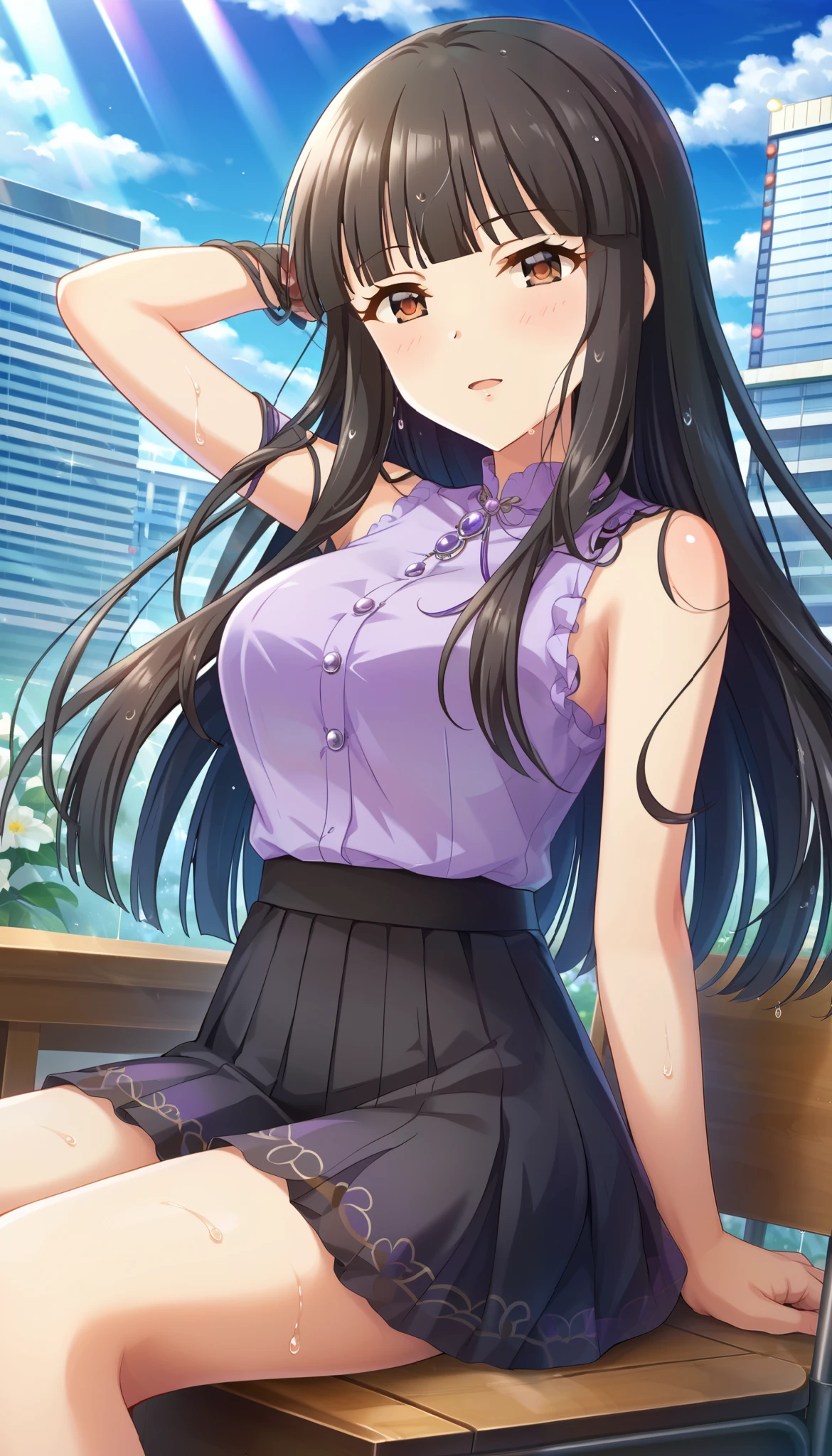 Kurokawa Chiaki 、light purple sleeveless shirt、black skirt、rain、wet body、arm up pose、sit on a chair、Slim and beautiful thighs、Outdoors、 orbital space、 is embarrassing、Close-up、 black hair、long hair、 Ulchan-6500-v1.1, ( RAW photos :1.2),  beautiful detailed , very detailedな目 美しい目, beautiful eyes、Brown Eyes 、 file size is large, high resolution, very detailed, top quality, [masterpiece:1.6], Awareness-raising, very detailed, CG, finely, top quality, 8K wallpaper,  Perfect Body 、dynamic、very detailed