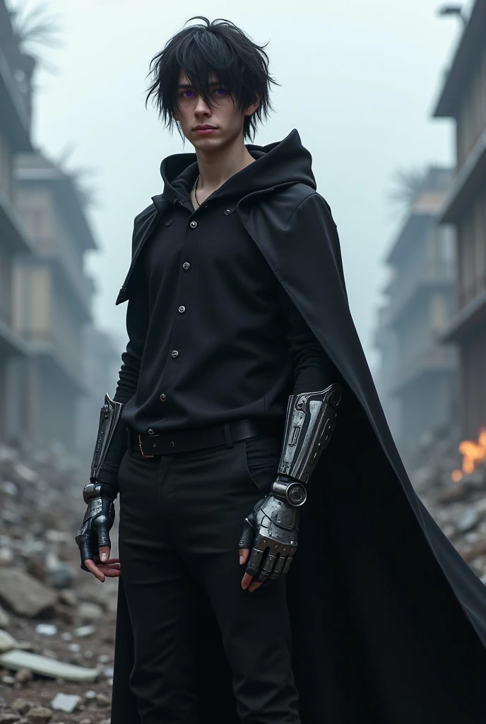A teenage boy wearing a black harness with a damaged black long cape with white hair stands on top of a building