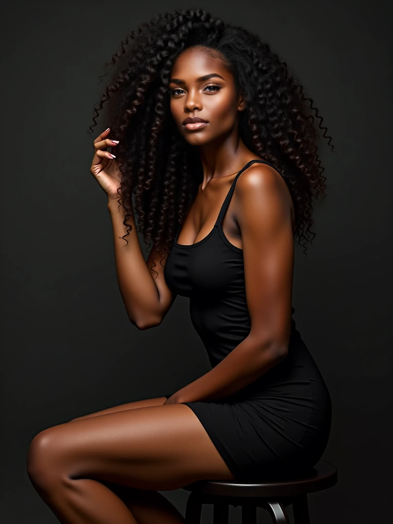  there is a black woman , the woman has, she has dark skin, with dark brownish skin, with long curly, long black loose moisturised curly hair she is flexible