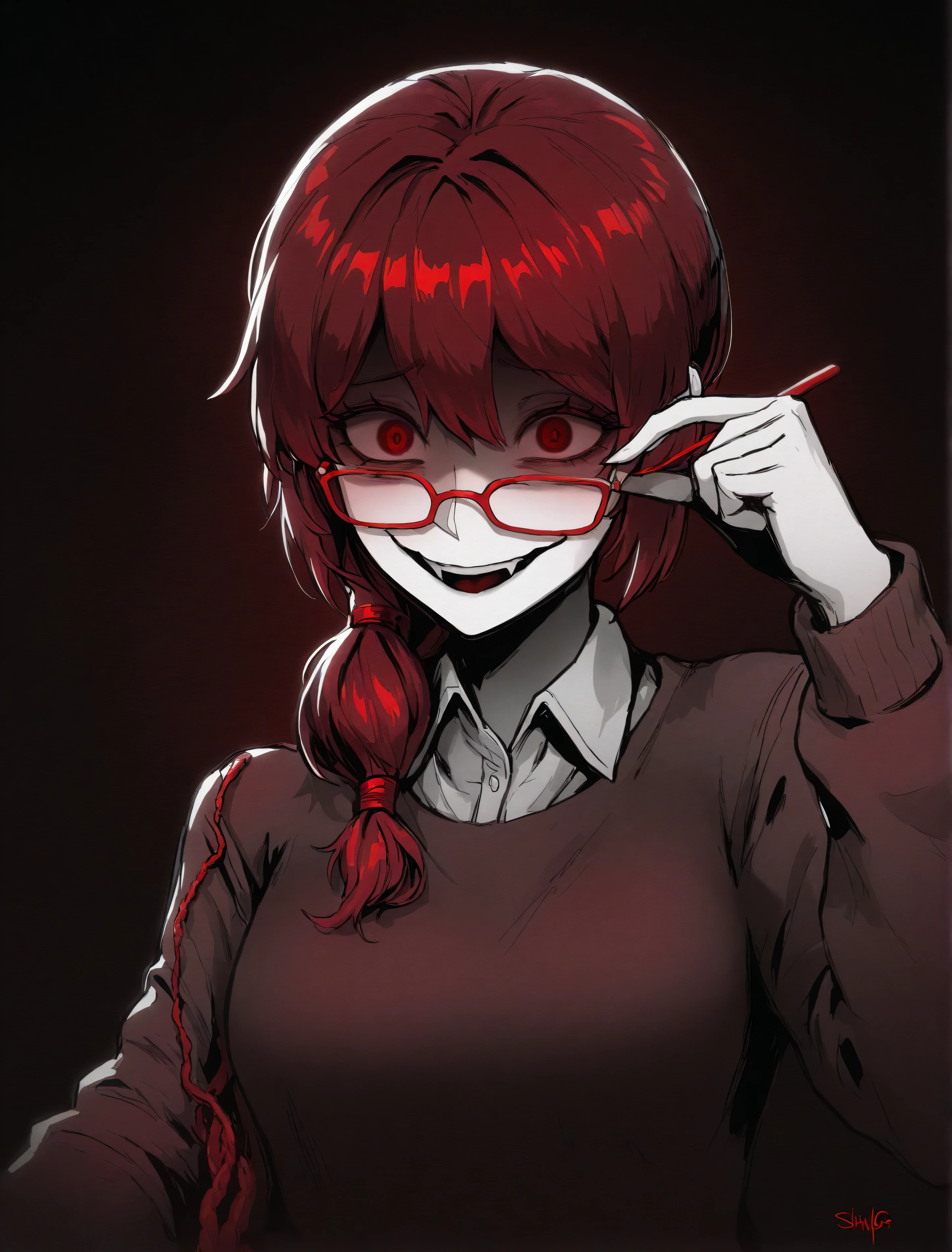 masterpiece, best quality, Limited color palette , Line Art, dark (theme),upper body,
1 girl who died,Alone,
Edge Guess Gao, sadistic smile, bungs, simple background,, long sleeve,, upper body, knitting glasses, red hair, collared shirt, signature, gradation , gradation background, Shine, shading face, Shine eyes, black, red background , knitting glassesed ponytail, Evil Smile, ,Edge Guess Gao facial expression,Latex