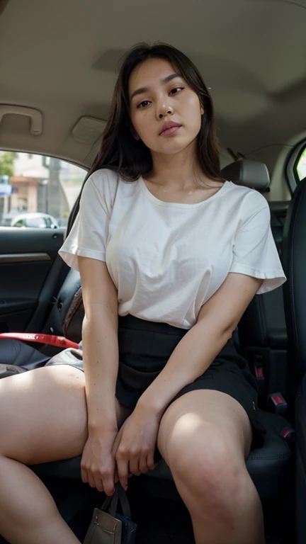 Indonesian girl 19-year-old Hairstyle Casual, F Cup Breasts wearing crewneck dress in car and driving the car 