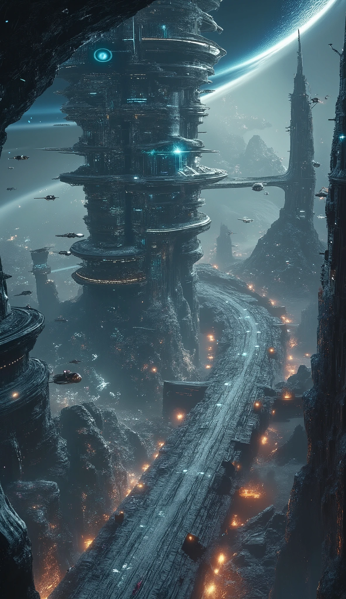 A massive underground city stretching endlessly beneath the icy crust of Zyphor-9, illuminated by glowing rivers of geothermal energy. Towering crystalline skyscrapers, reinforced with alien alloys, rise from the cavern floor, their surfaces pulsing with soft blue and violet light. Suspended highways curve between the buildings, with hovercrafts and automated transports gliding effortlessly above the bustling streets below.
The city is alive with activity—market districts filled with floating stalls offer exotic minerals, bio-engineered crops, and energy-infused artifacts. Residential zones are housed in towering frostglass domes, their interiors brimming with lush greenery, contrasting the frozen wasteland above. Vertical farms, powered by radiant heat vents, supply the population with essential resources, while massive industrial complexes refine materials from deep within the planet.
At the city’s core, the Obsidian Spire, a colossal black-ice tower crackling with raw energy, serves as the nerve center of governance and technology. Around it, grand halls, research facilities, and energy conduits spread like veins, feeding power to the metropolis. Above, the cavern ceiling is embedded with millions of shimmering crystal formations, casting soft ambient light over the city, creating the illusion of a perpetual twilight.
The lower levels are dedicated to industry and exploration, where deep-mining teams uncover relics of a lost civilization. Massive subterranean canals ferry goods through the city, while bio-luminescent streetlights cast a soft glow on the pathways. Despite the frozen wasteland above, Eryndral thrives as a beacon of civilization beneath the ice—a self-sustaining marvel of technology, culture, and survival.