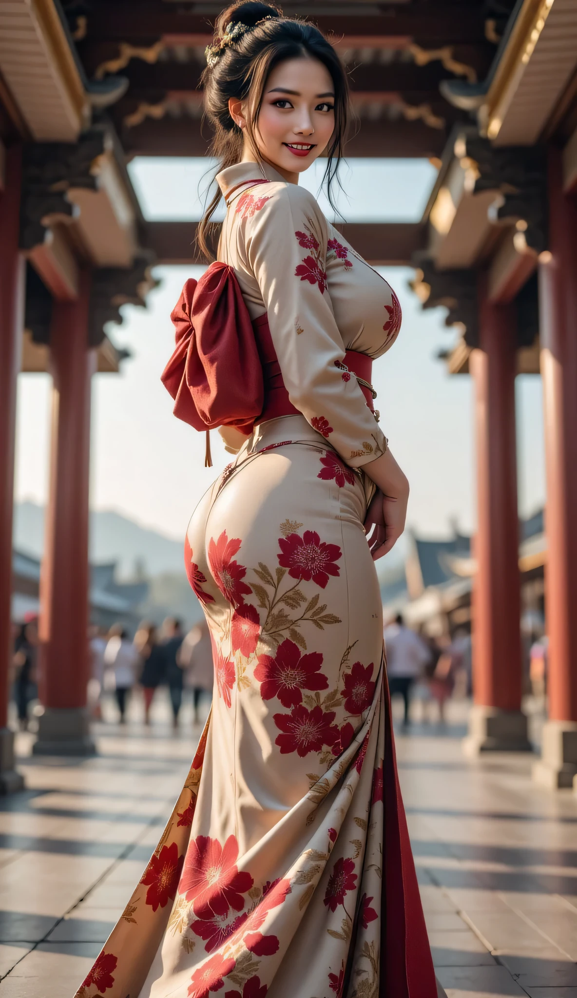 ((**Prompt:** during ancient japan tokugawa time, Create a hyper-realistic wide scenery image of a prehistoric japanese geisha female walking confidently at the forefront, her full body view showcasing her elegantly busty silhouette, tracking shot. Intricately realistic beauty smiling expression, symmetrically balanced within the composition. The geisha's japanese kimono obi gown shapely drapes gracefully, reflecting the cultural richness of ancient folk japan, complemented by her vibrant smile that radiates warmth and approachability. In the background, the majestic japanese palace looms, its architectural details accentuated by central leading lines that create a captivating sense of depth in an ultra-wide-angle perspective. The scene is enhanced with UHD ambience, featuring a blend of realistic textures and mixed lighting that adds life to the moment. Pay special attention to the geisha's hands, showcasing meticulously detailed anatomy while her shiny, lifelike hair cascades around her face. Capture the essence of artistry reminiscent of SilkPunkAi styles, ensuring the overall image is creatively rich yet respectfully aligns with the historical context.))