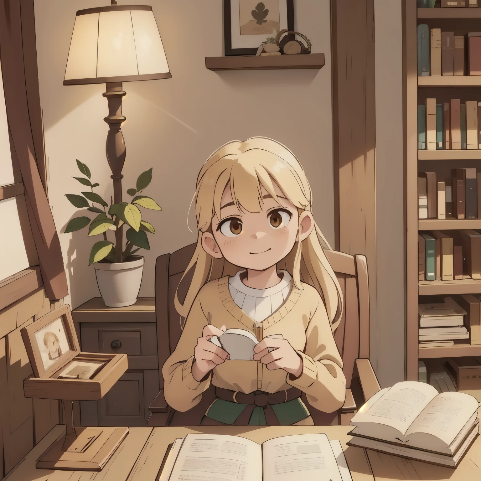 A warm glow permeates the cozy study, golden light spilling from the corners of the richly upholstered armchair and the ornate wooden desk, as if the very walls are radiating a sense of comfort and tranquility.