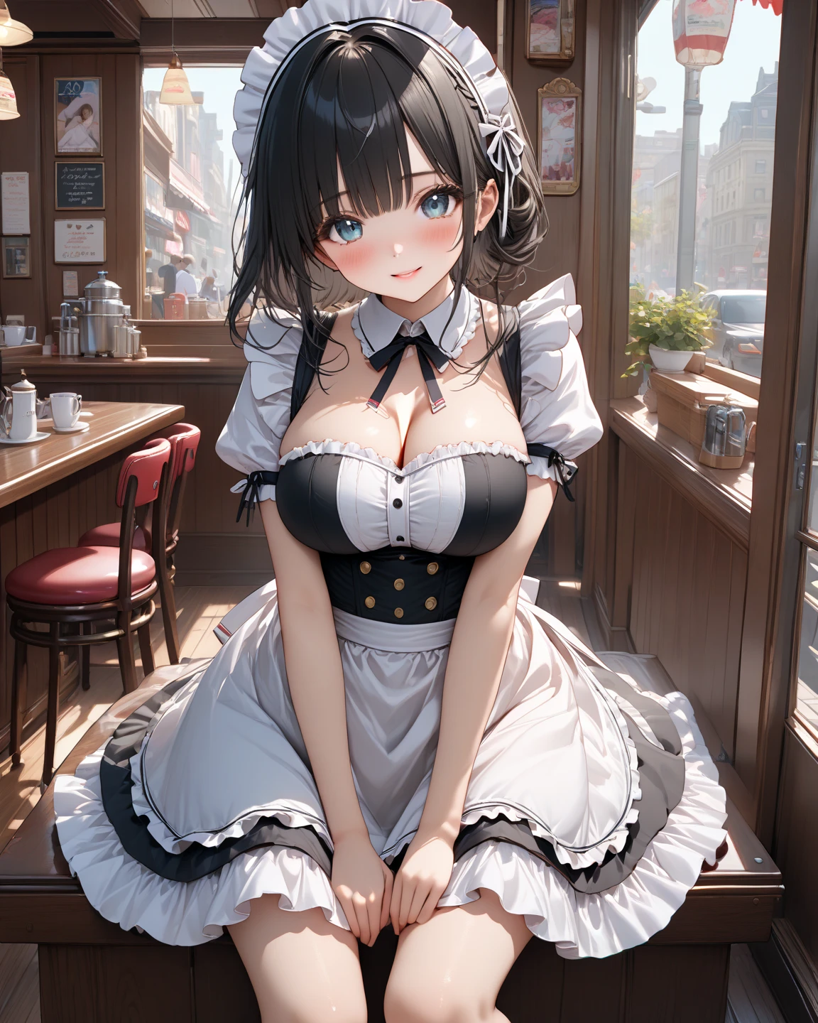 (top-quality: 1.3), (masterpiece: 1.3), (Super Detail: 1.3), (wall-paper, one girls: 1.1)、(Detailed hands and fingers:1.2)、(Detailed ultra-oily shiny skin:1.1)、(Maid costume:1.1)、White Brim、White High Socks、Black hair、Longhaire、Straight hair、Beautiful sister、(ssmile:1.3)、(a house:1.2)、livingroom、(Beautiful Large Breasts:1.3) 、sexypose、is standing、bending forward