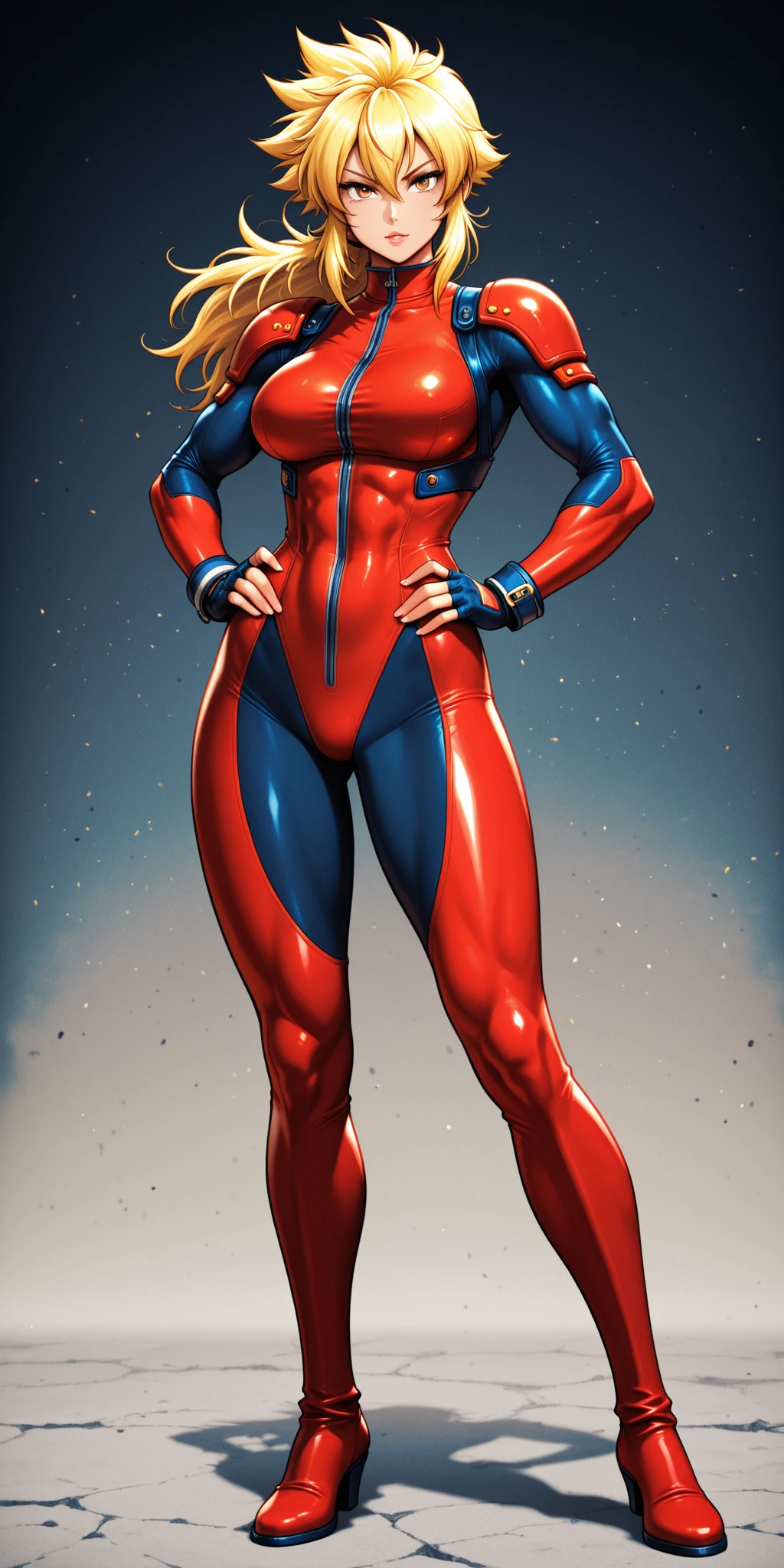 (masterpiece, top quality, best quality, official art, beautiful and aesthetic:1.2), (1girl:1.3), brown hair, braid, extremely detailed, portrait, looking at viewer, solo, (full body:0.6), detailed background, close up, mischievous eyes, (warm city superhero theme:1.1), (((reaching out, incredibly long arm, rubber arm, stretched arm))), pleasant smile, brunette, aquiline nose, green eyes, braid, ((gigantic breasts)), (thin), athletic, superhero. Wearing a sleek, satin (high-neck) (sleek white and red striped bodysuit), ((red sleeve stripes, red leg stripes)), (white sides, red center), modest, fully-covered, long red gloves, long red boots, slim waist, slim hips, long legs, modern (city street exterior:1.1) detailed background, bright optimistic lighting, shadows, magical atmosphere, dutch angle