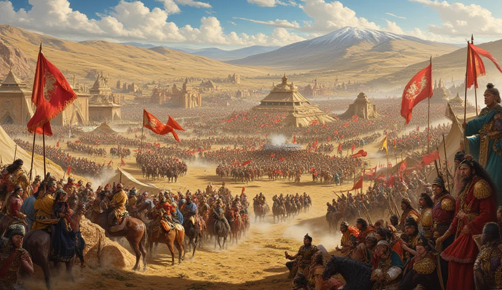 (masterpiece, UHD, oil painting, realistic, Greg Rutkowski style:1.3), raging battlefield, Gondwana warriors, (traditional armor and weapons:1.2), face-to-face with Mughal soldiers, (elaborate turbans, chainmail:1.2), chaotic combat scene, archers releasing arrows, cavalry charge, (smoky, dust-filled air:1.1), vast plains, far-off mountains, panoramic view, warm colors, sunset.