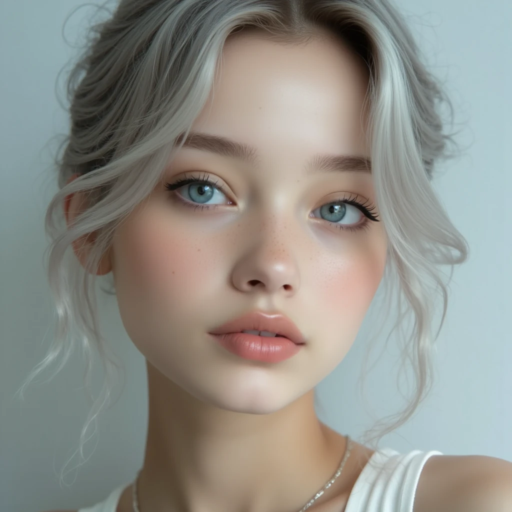 raw photo of beautiful female, looking at camera, centered portrait upper body, Miss white, slim perfect face, natural look, playmate, white hair, wet hair tied in a bun, supermodel, wet skin, pale skin, blushing cheek, very very small bust, red eyes, feeling ecstasy, nude skin, in photo studio