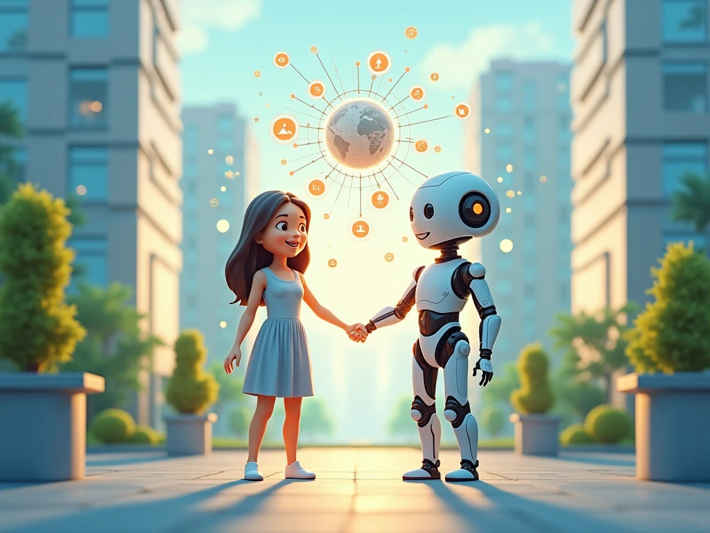 "A warm and modern scene depicting the friendship and collaboration between humans and artificial intelligence in digital marketing. At the center, a stylized human figure (with friendly features) and an AI figure composed of interconnected lines and nodes (in soft blue, white, and golden accents) hold hands while supporting a radiant sphere. This sphere projects social media icons, growth charts, and symbols of connection. The background features a welcoming urban setting with sleek modern buildings, green areas, and digital screens displaying collaborative marketing campaigns. Subtle flowing lines between the figures symbolize seamless automation, while small gears represent joint efficiency. The visual style is clean, warm, and professional, with a harmonious color palette (light blue, warm white, soft green, and golden highlights). High-resolution at 3240x2160 pixels (3:2 aspect ratio), designed to be split into six sections without losing cohesion or impact, emphasizing the synergy between humans and AI in digital marketing."
