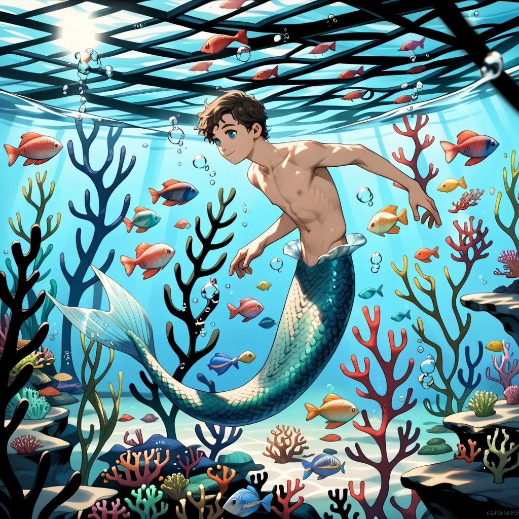 Two boys swimming together at the bottom of the sea,Raised sexy,Small fish