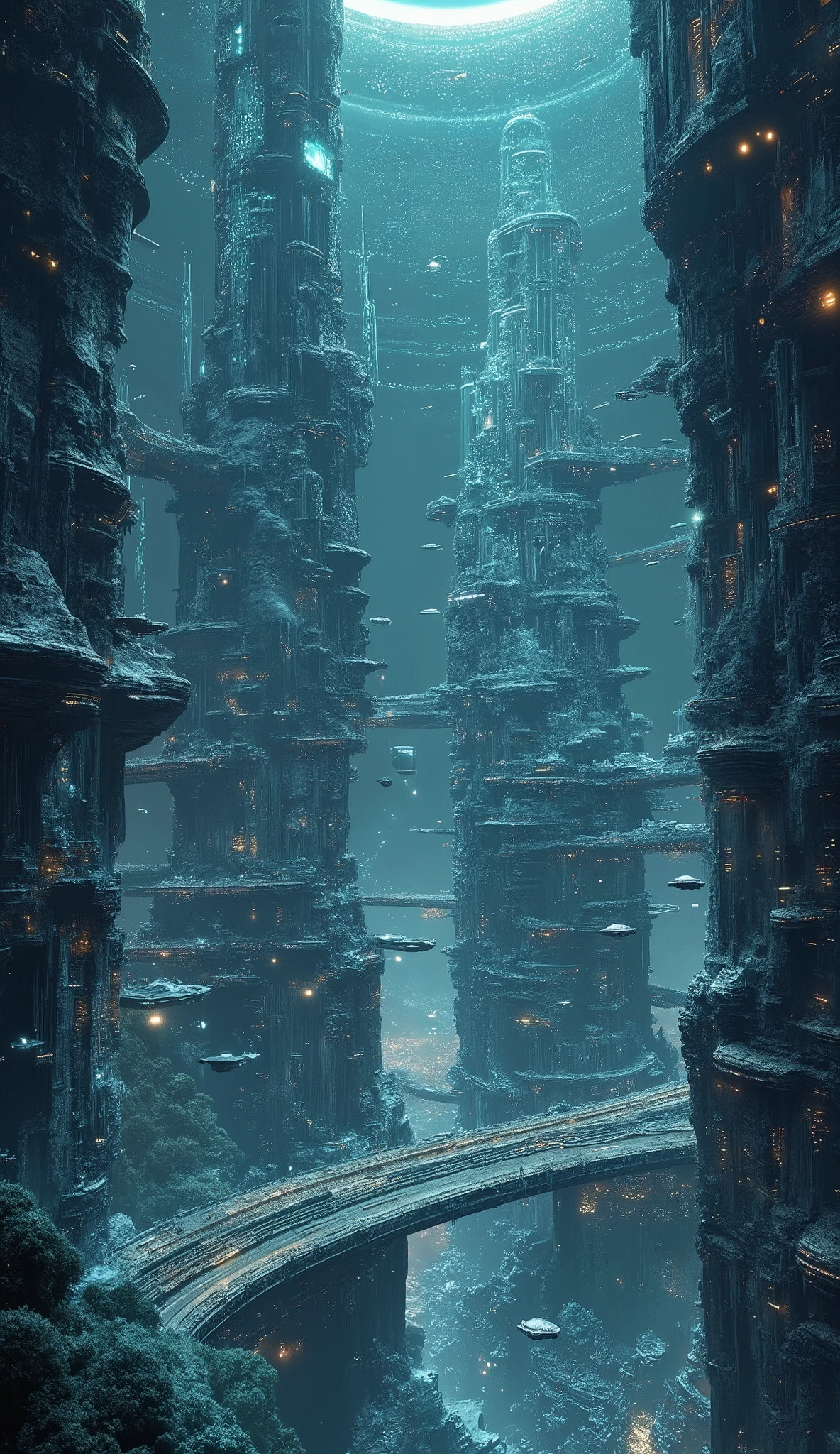 A massive underground city stretching endlessly beneath the icy crust of Zyphor-9, illuminated by glowing rivers of geothermal energy. Towering crystalline skyscrapers, reinforced with alien alloys, rise from the cavern floor, their surfaces pulsing with soft blue and violet light. Suspended highways curve between the buildings, with hovercrafts and automated transports gliding effortlessly above the bustling streets below.

The city is alive with activity—market districts filled with floating stalls offer exotic minerals, bio-engineered crops, and energy-infused artifacts. Residential zones are housed in towering frostglass domes, their interiors brimming with lush greenery, contrasting the frozen wasteland above. Vertical farms, powered by radiant heat vents, supply the population with essential resources, while massive industrial complexes refine materials from deep within the planet.

At the city’s core, the Obsidian Spire, a colossal black-ice tower crackling with raw energy, serves as the nerve center of governance and technology. Around it, grand halls, research facilities, and energy conduits spread like veins, feeding power to the metropolis. Above, the cavern ceiling is embedded with millions of shimmering crystal formations, casting soft ambient light over the city, creating the illusion of a perpetual twilight.

The lower levels are dedicated to industry and exploration, where deep-mining teams uncover relics of a lost civilization. Massive subterranean canals ferry goods through the city, while bio-luminescent streetlights cast a soft glow on the pathways. Despite the frozen wasteland above, Eryndral thrives as a beacon of civilization beneath the ice—a self-sustaining marvel of technology, culture, and survival.
