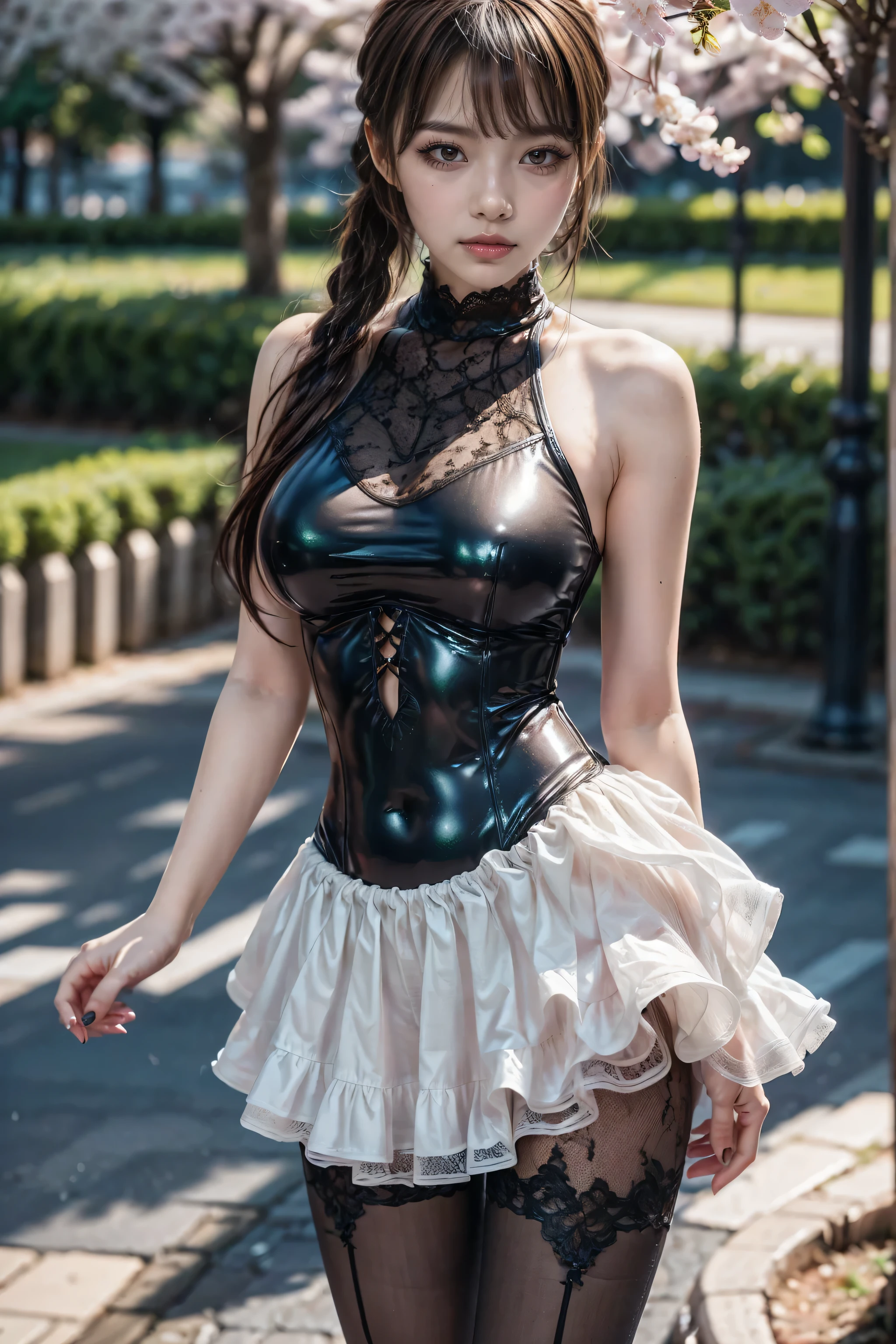 quality\(((ultra high resolution))), ((An improvement of the most absurd quality:1.3)), ((photorealistic Realism 16K Quality)), vivid colors, ((vivid colors, multicolor (orange, light blue:1.2), in her outfit:1.4), (ultra-fine digital art\), person\((1 woman: 1.4 20 years old)), (highest quality texture skin), (Highly quality texture hair), ((curly hair, ((slicked to the two side)), highly intricately details), ((perfect proportions)), (narrow waist), medium ass,beautiful cheekbones,(slim belly:1.2),(slim-muscled body:1.22), (firm and full breasts), ((super details beautiful face)), (Ultra high-res Realistic eyes, clear sharp, absurd quality, not blurry), ([eye|long(lashes)|perfect(eyeshadows)]:[brown:1.35|\blue\|pink]), detailed lips, (pink_makeup:1.3), long_blue_eyeliner, (glossy red_lipstick:1.3), (perfect dark_eyeshadows:1.45), (super detailed professional makeup on eyes:1.2)., BREAK, (extravagant microscopic street outfit:1.22), (minimalist provocative styling outfit:1.25), (White tight Dress made of lace fishnet), (Dolce & Gabbana, Floral style:1.26), (elegant fashion, intricate details:1.23), floral couture, (clothes made of silk and flower), (Wearing tight fitting dresses)), (black latex:1.25), latex bodysuit laced), (Intricately details multi-layer (Ruffled Black Gothic Punk Skirt), lace with fishnets:1.3), (white lace-up:1.3), Ultra intricate detailed, 8k\, BREAK, background\((walking in the park:1.3)), Cinematic Light, detailed facial features, Sharp focus, Smooth, beautiful, best photo, ((best shadows)), isometric 3D, (octane rendering, ray tracing), ((photo from head to knee:1.3)), (Proportions are based on a 7.5 head scale). 