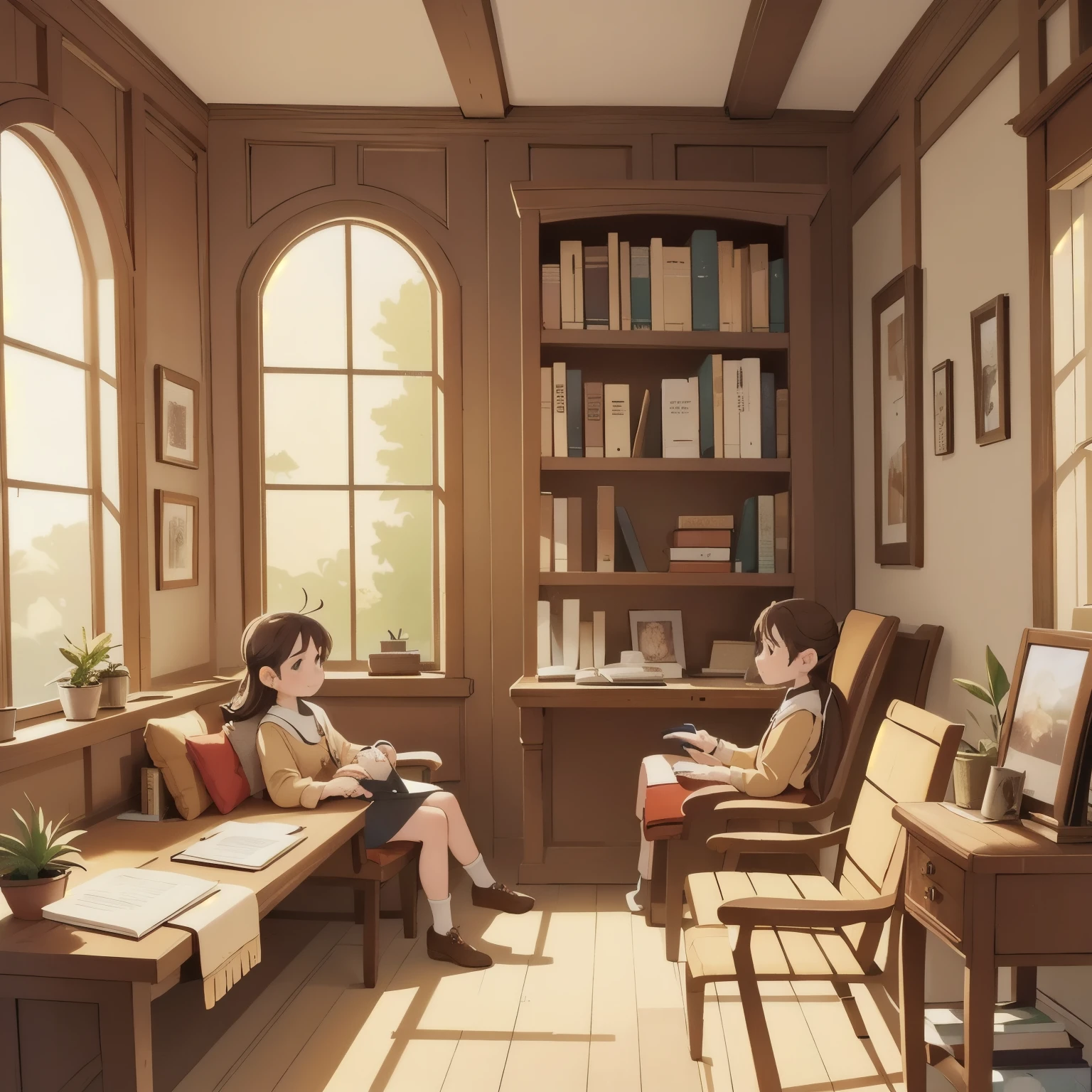 A warm glow permeates the cozy study, golden light spilling from the corners of the richly upholstered armchair and the ornate wooden desk, as if the very walls are radiating a sense of comfort and tranquility.