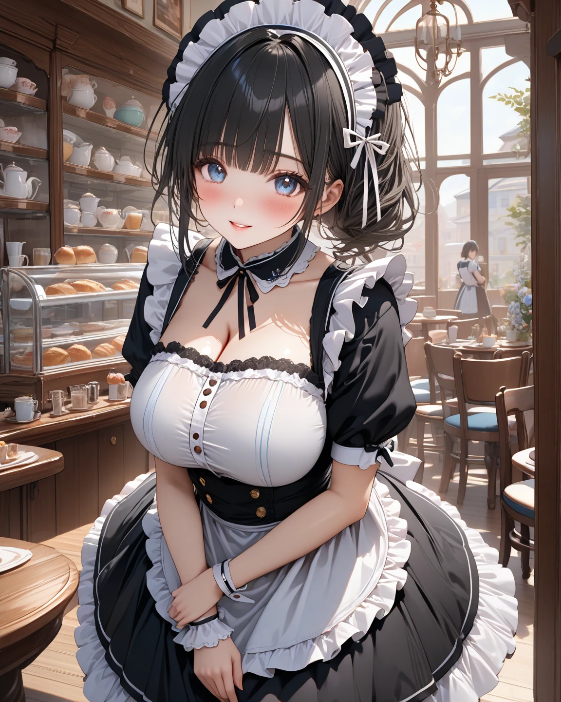8K、best image quality、ghibli anime、best illustrations、super detailed explanation、Bright colors、two dimensional maid、(old fashioned maid uniform、Black and white two-tone)、(Detailed facial depiction、Detailed description of the eyes、Detailed depiction of clothing、Huge breasts that are about to burst)、(black hair、ponytail)、(A bright and reassuring smile:1.3)、(18th century western architecture、courtyard、Full of houseplants、rococo table)、A face with bright eyes、the best beauty、So cute、glamorous、erotic