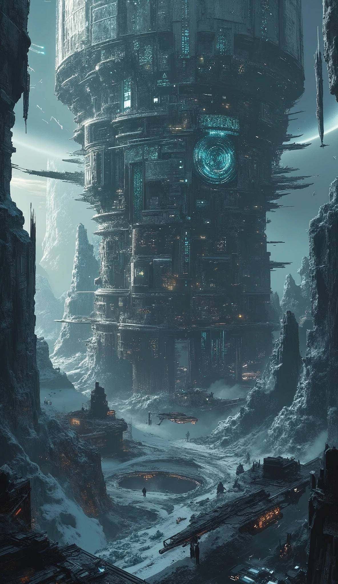 Deep within the frozen caverns of Zyphor-9 lies Eryndral’s military district, an imposing stronghold carved into the ice itself. Towering fortress-like structures, reinforced with a fusion of crystalline metal and obsidian plating, rise ominously from the cavern floor, their exteriors lined with pulsating energy conduits. Massive defensive walls, embedded with automated plasma turrets, encircle the sector, forming an impenetrable barrier against external threats.
At the heart of the stronghold stands the Titan Citadel, a monolithic command center radiating with glowing runes of ancient alien design. Heavily-armored troops, clad in advanced exo-suits adapted to the extreme cold, march through the streets, their visors glowing with scanning data. Enormous war mechs, designed for both surface and subterranean combat, patrol the perimeter, their hydraulic limbs echoing through the cavern.
Beneath the city, hidden within a labyrinth of ice tunnels, lies the Eryndral Arsenal, a high-security facility where plasma rifles, kinetic cannons, and energy shields are developed and stored. Massive warships dock in suspended hangars, their sleek metallic frames prepped for deployment into the frozen wastelands above. Hover-tanks, equipped with railgun technology, glide effortlessly across reinforced platforms, while stealth drones zip through the air, scanning for intruders.
In the distance, a colossal planetary defense cannon, embedded into the cavern wall, hums with restrained power, its barrel aimed skyward, ready to repel orbital threats. Despite the harsh environment, Eryndral’s military force—known as the Iceborn Legion—stands ever-vigilant, ensuring the underground metropolis remains an unbreakable fortress beneath the ice