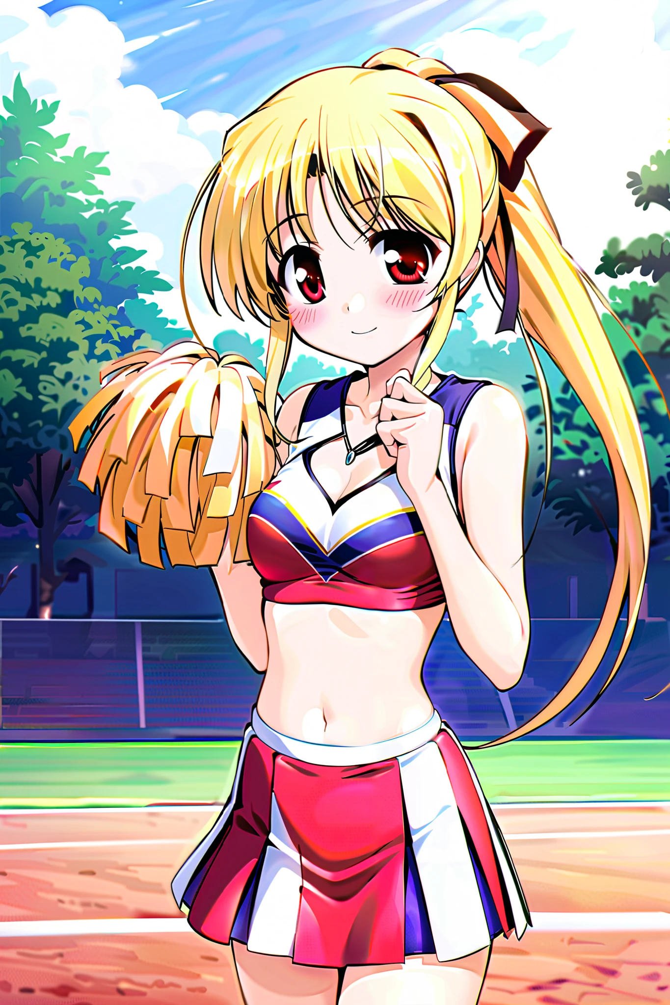 cynthia marguerite, Alone, (cowboy shot), blonde hair, red eyes, ponytail, long hair, hair ribbon, small breasts, cleavage, (cheerleader with radiant skin), (shy:1.1), (blush), (smile), (yellow panties), (outdoor), score_9, score_8_up , score_7_up , source_anime, best quality