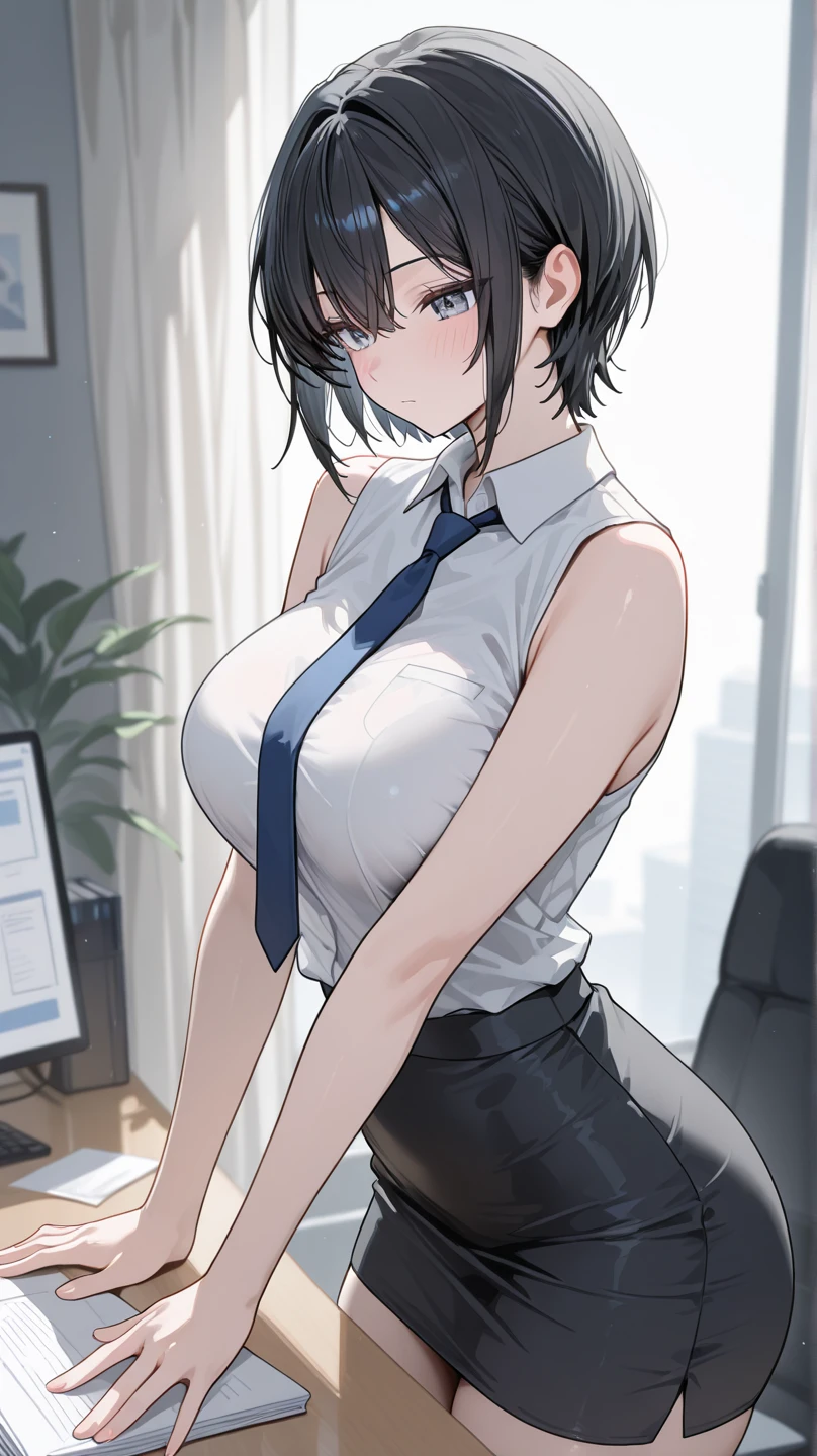 (best quality,4K,8k,High resolution,masterpiece:1.2),Super detailed,(actual,realistically,realistically:1.37),Ultra high definition face, high dynamic range,Ultra high quality,Studio lighting,Ultra-fine coating,Focus sharp,Physically based rendering,extremely detailed description,professional,fear,Japanese comics,Science Fiction,photography,concept artist, Dark blue extra short hair, 1 Girl, 半透明White shirt, black high waist pants, White shirt, 襯衫 is tucked in, Simple background, White background, black tie, Collared shirt, Black leather shoes, huge , Crazy breast swelling, Chest larger than shoulder blades, fitness model, rosy cheeks, Cold expression, Squat, Cowboy shot