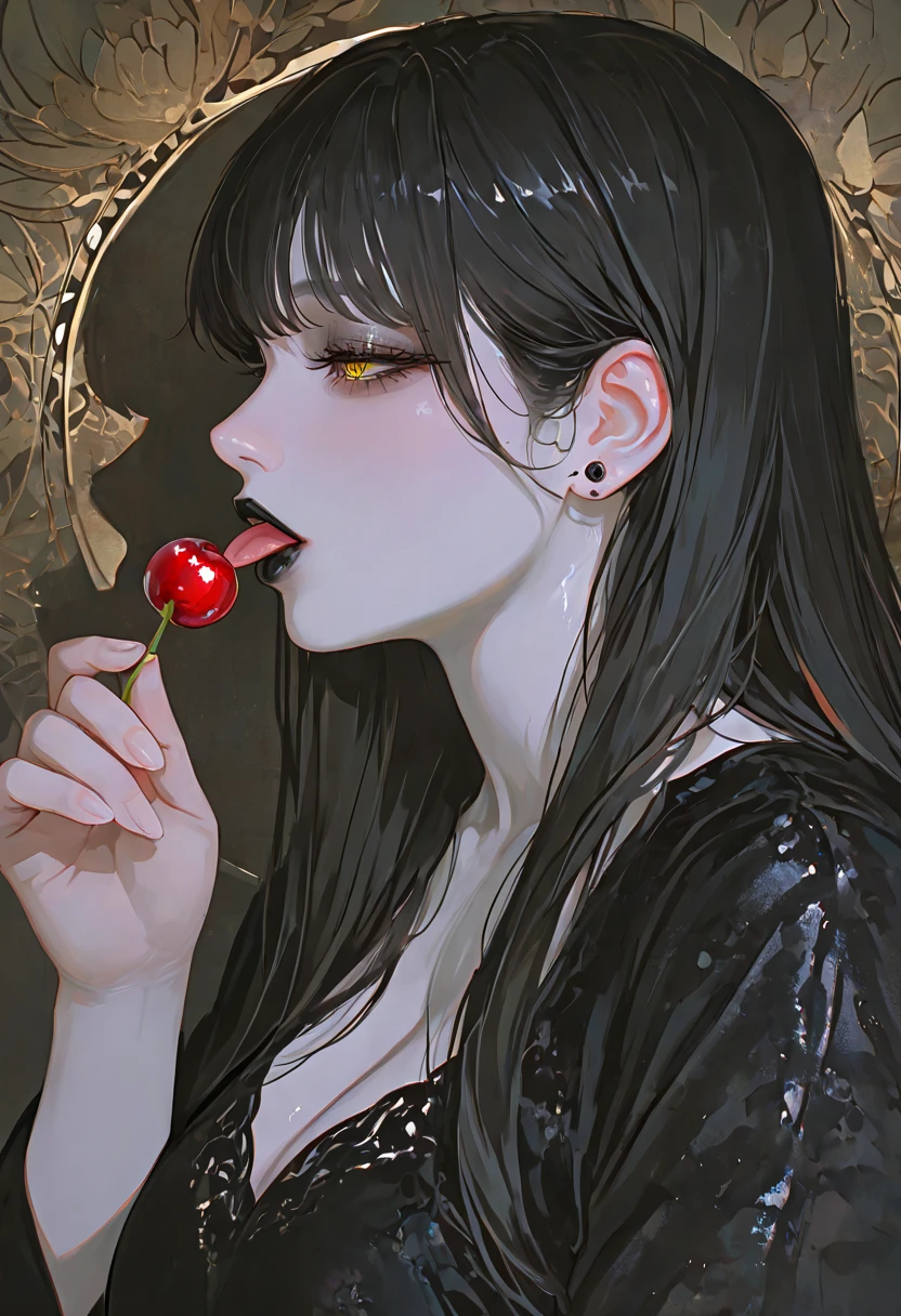 Sexy dark haired woman with red lipstick eating a fig。Close-up of the mouth。Close-up of fresh figs in the background