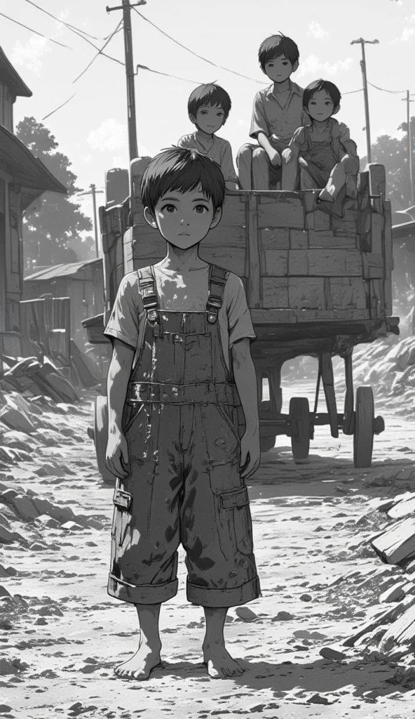 anime style, baki style, boy, child with short hair, dark hair, commoner, working with a shovel, old village, sunny day, muddy, side view.