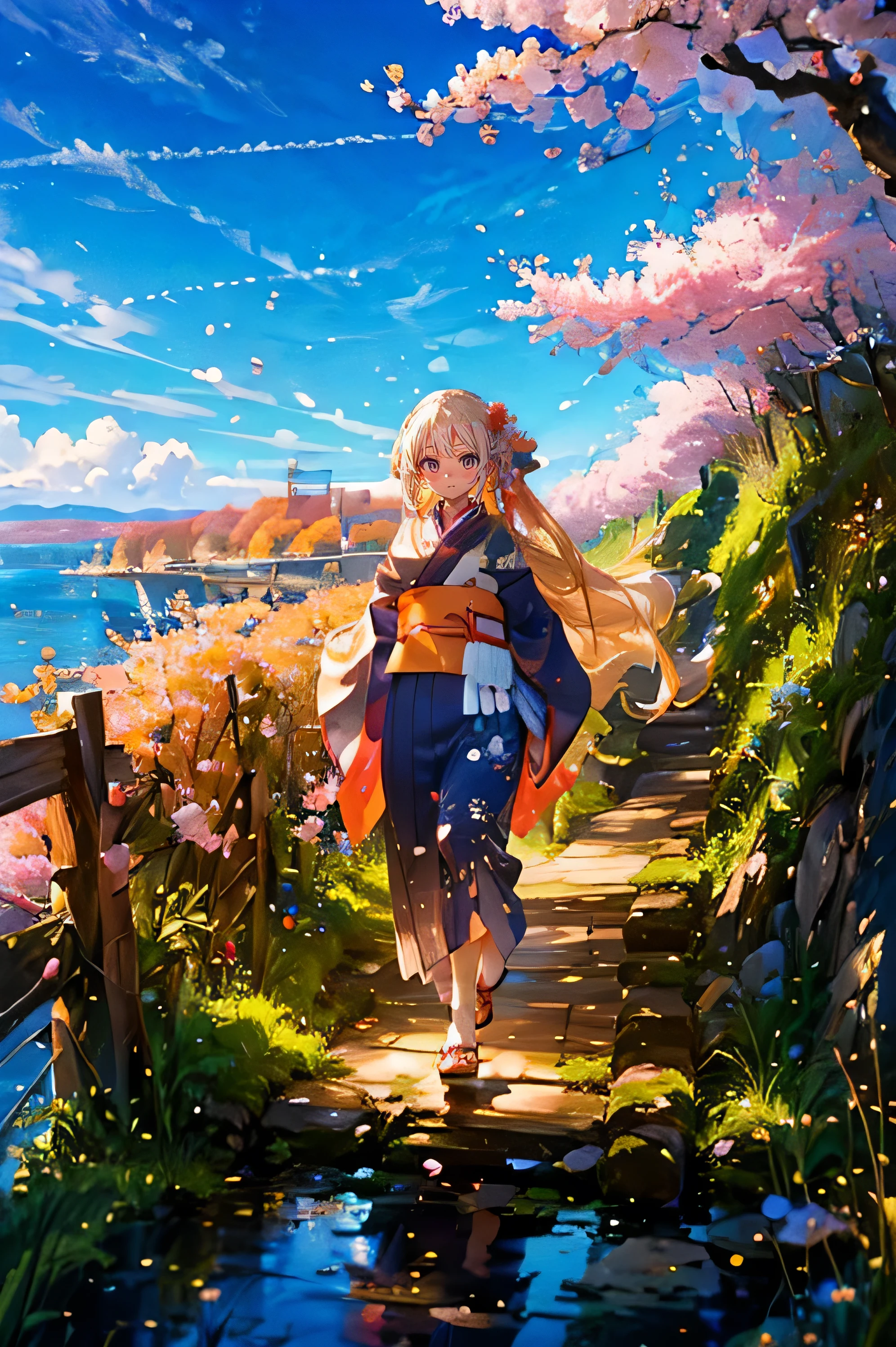 (masterpiece), (best quality), masterpiece, best quality, (best quality, masterpiece, ), [[:✋,:0.5]::0.8],1 girl, Long Blonde Hair,   kimono, Front ,upper body up,  ((Walking along the coastal path)),  Opening Her Hands , wind, 信じられないほどのwind景, blue sky, light,cherry blossoms