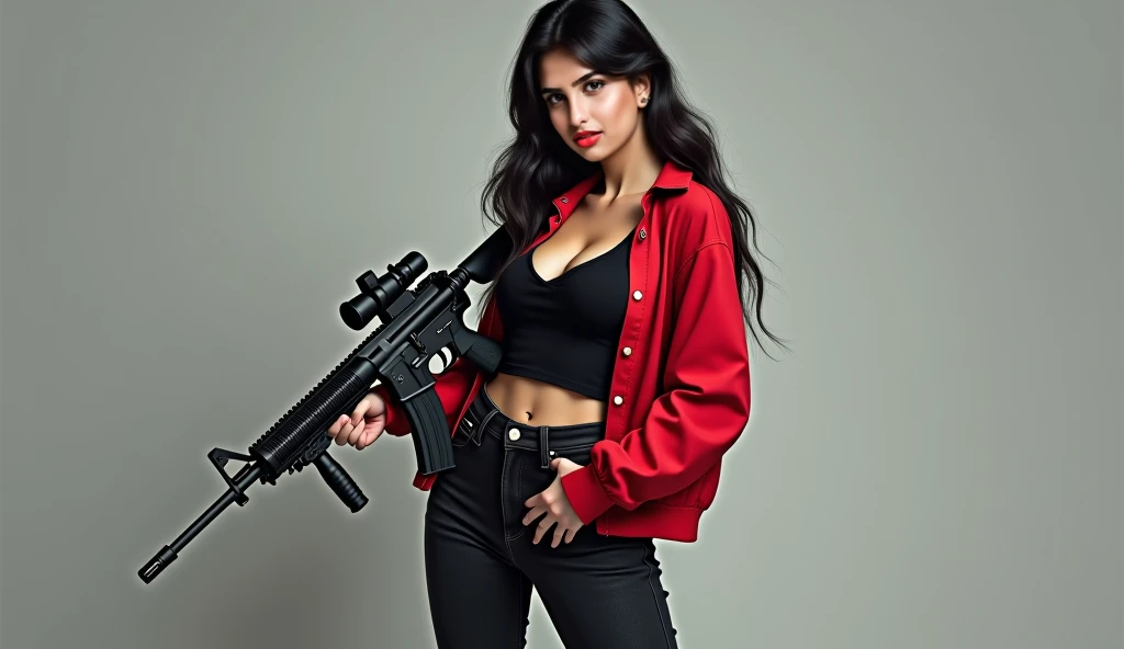 Half body photo, 1 beautiful Latina girl; coy smile, (two tone white and black satin bomber jacket); one hand is holding a full size M41A rifle, the other hand is empty, satin skirt,fishnet stockings, long hair,wearing jewelry, natural makeup, extremely detailed eyes and face, lovely smile, delicate blush, sensuous lips, intricate facial details, perfect skin, flawless skin texture perfect, ; standing in a long hallway with many doors, evening lighting,, , subtle , dreamy, luxurious atmosphere, low lighting; Super high quality, surreal, 8K, high resolution, masterpiece, detailed, extremely magical, professional cinematic lighting, , ; Fine brushstrokes,ethereal vibe,mesmerizing gaze,dreamy atmosphere,blending elegance,subtle color gradients,,understated beauty. In the background several men lay unconscious on the hallway floor