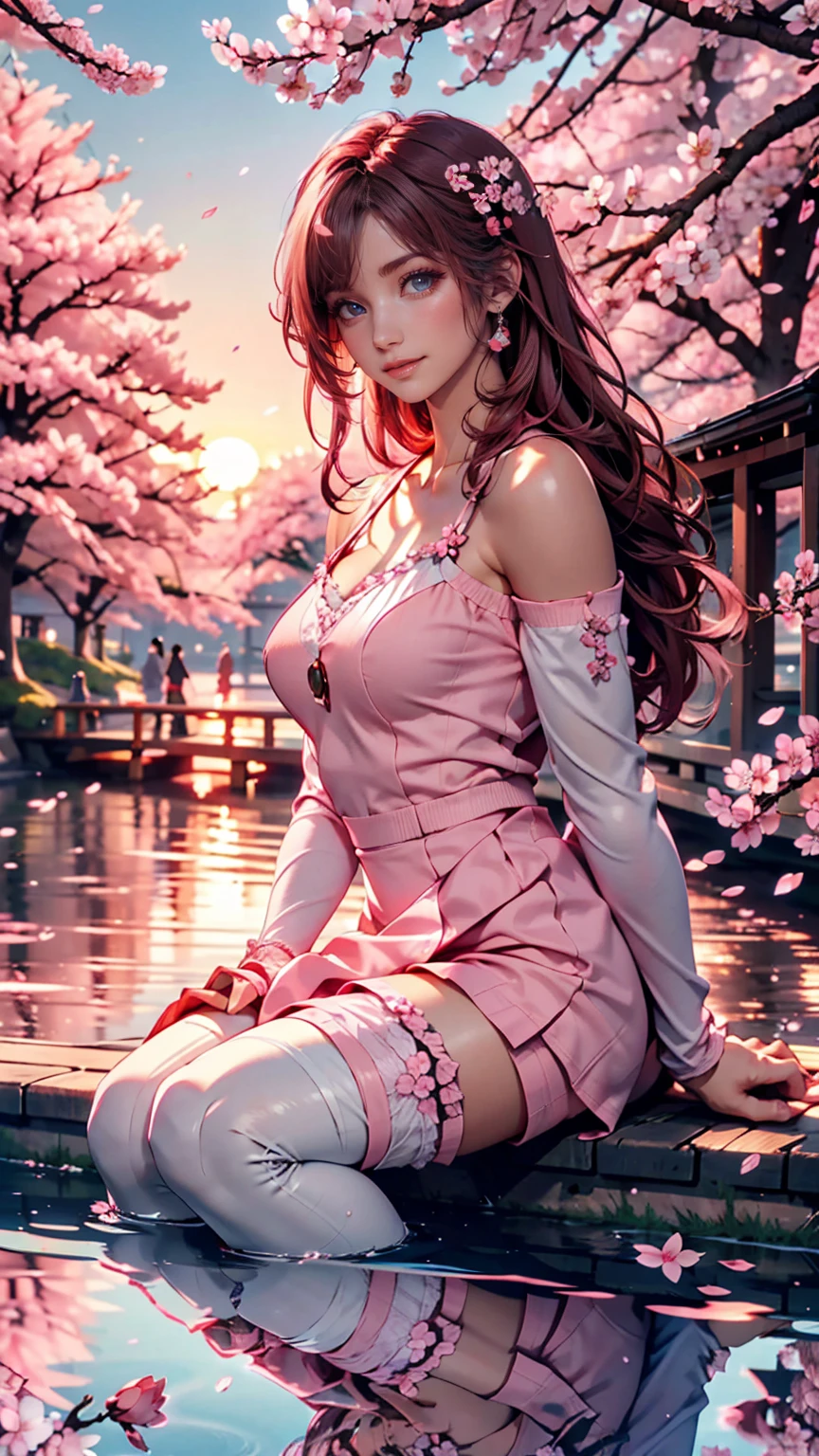 Sakura, Upper Body, smile, blush, Sitting, ((cherry blossoms)), ((Pink sleeves)), Pink Tone, ((Pink Stockings)), Pink Sky, sunset, lake, reflection