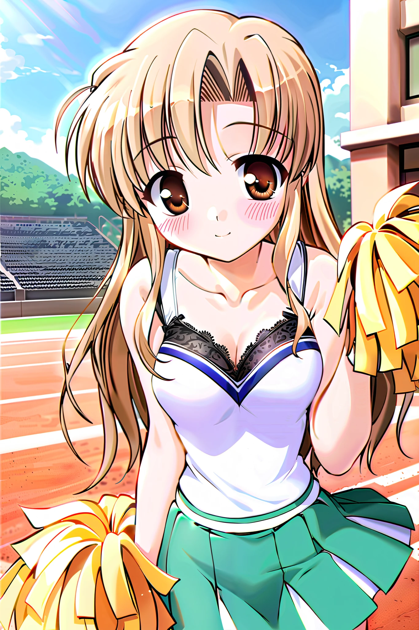 hozumi sayaka, Alone, one girl, (cowboy shot), long hair, brown hair, brown eyes, (wavy hair:0.7), blonde hair, small breasts, cleavage, (cheerleader with radiant skin), (wind lift), (shy:1.1), (blush), (smile), (black lace lingerie panties), (outdoor), score_9, score_8_up , score_7_up , source_anime, best quality