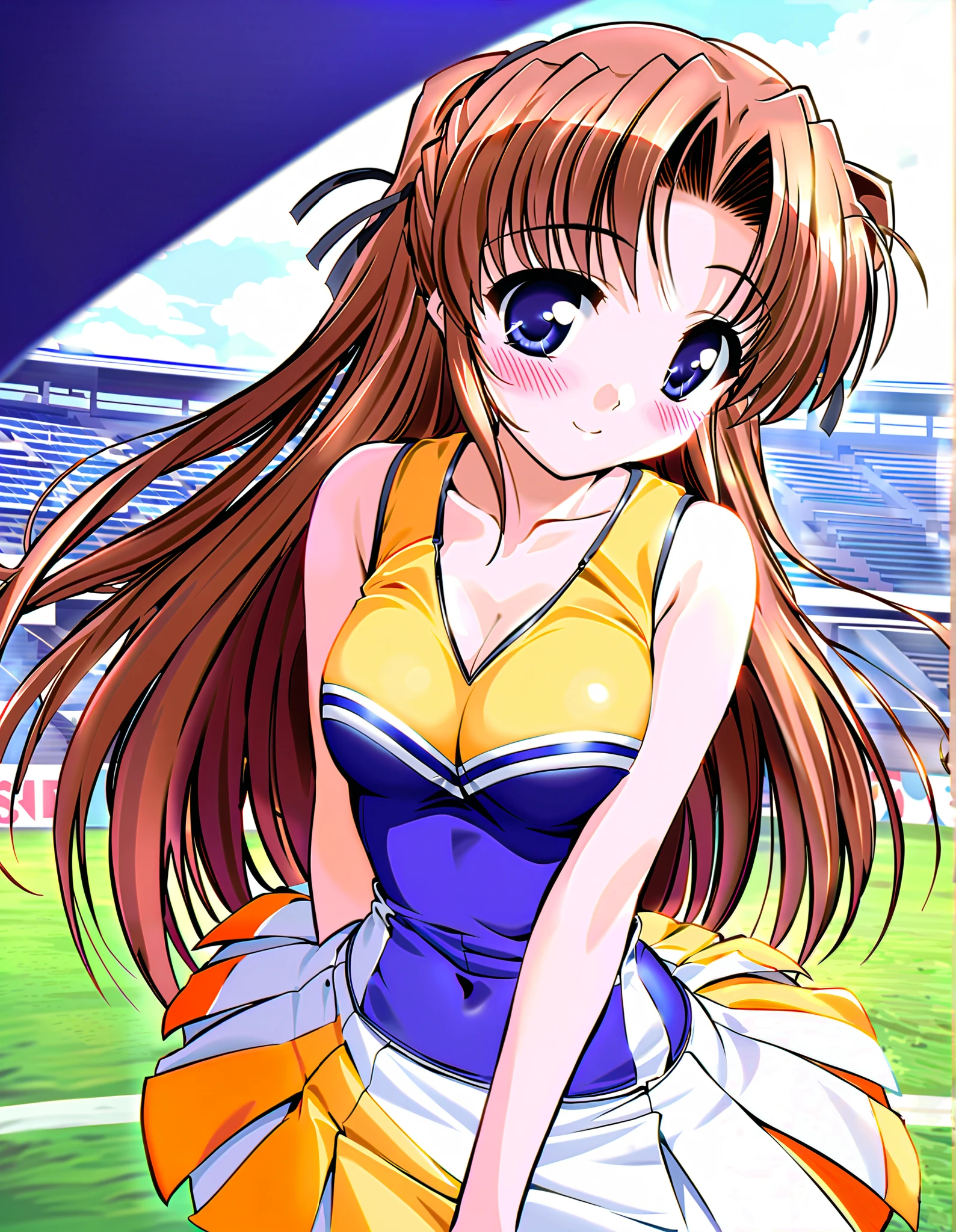 one girl, Alone, takamizawa natsuki, (cowboy shot), brown hair, blue eyes, long hair, small breasts, cleavage, (cheerleader with radiant skin), (wind lift), (shy:1.1), (blush), (smile), (black sexy panties), (outdoor), score_9, score_8_up , score_7_up , source_anime, best quality
