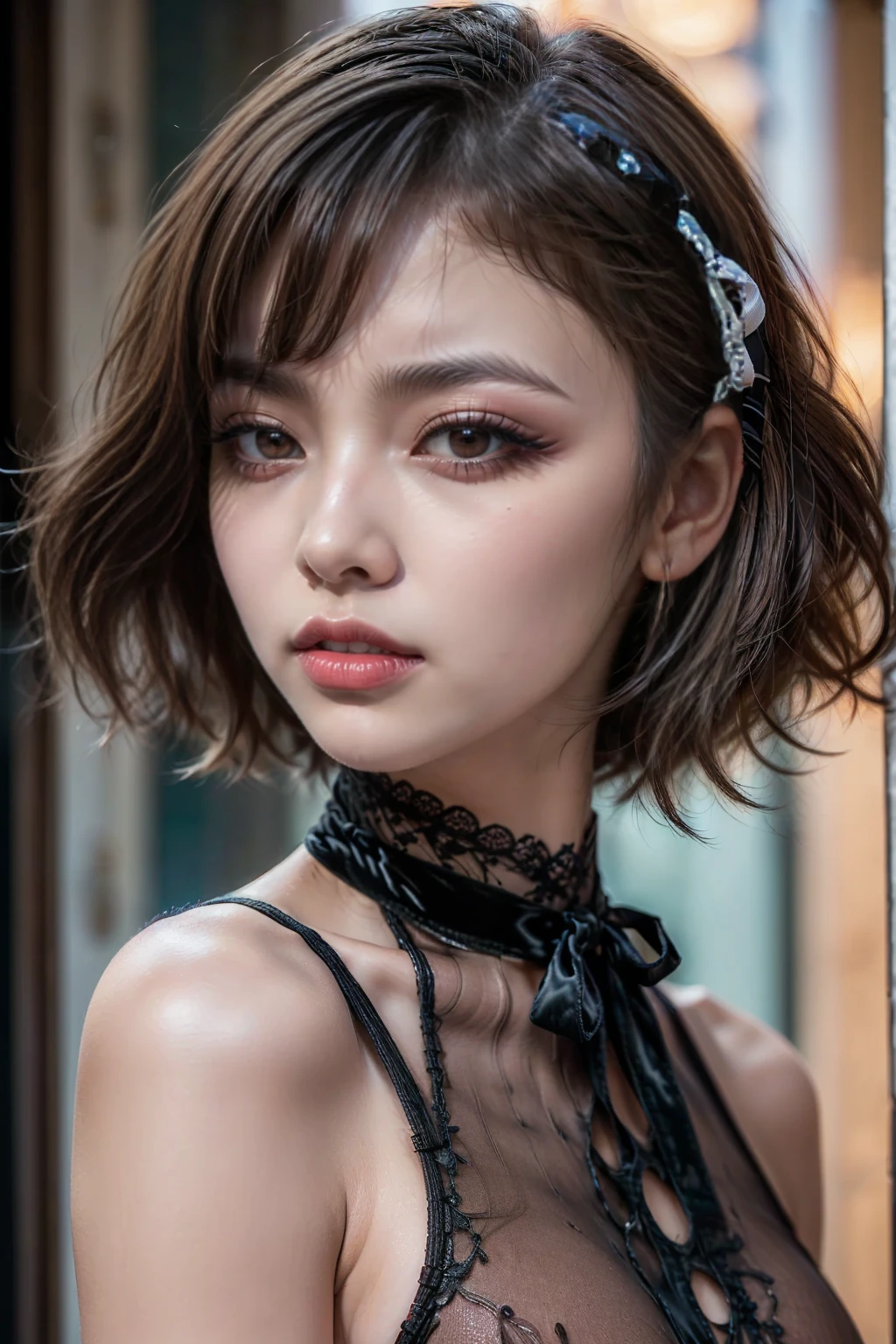 1womanl, 50 years old, hyperdetailed face, Detailed lips, A detailed eye, Double eyelids, shinny skin, out, ighly detailed, ultra-detailliert, 超A high resolution, Cowboy Shot, (Photorealsitic:1.4), (top-quality), (Best Shadows), detaileds, Perfect litthing, A dark-haired、short-haired, (Colossal tits:1.