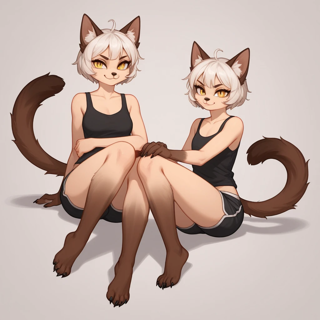 a cute adult male with wolf ears, white hair, has a wolf tail, wearing a loose cropped oversized black hoodie, wearing a pair of denim short shorts and fishnet stockings, thick thighs, wide hips, relaxing on mound of fluffy animal plushies, short, very slim, showing slender tummy, stretching out, heart on hoodie, squishy thighs, has glowing blue eyes