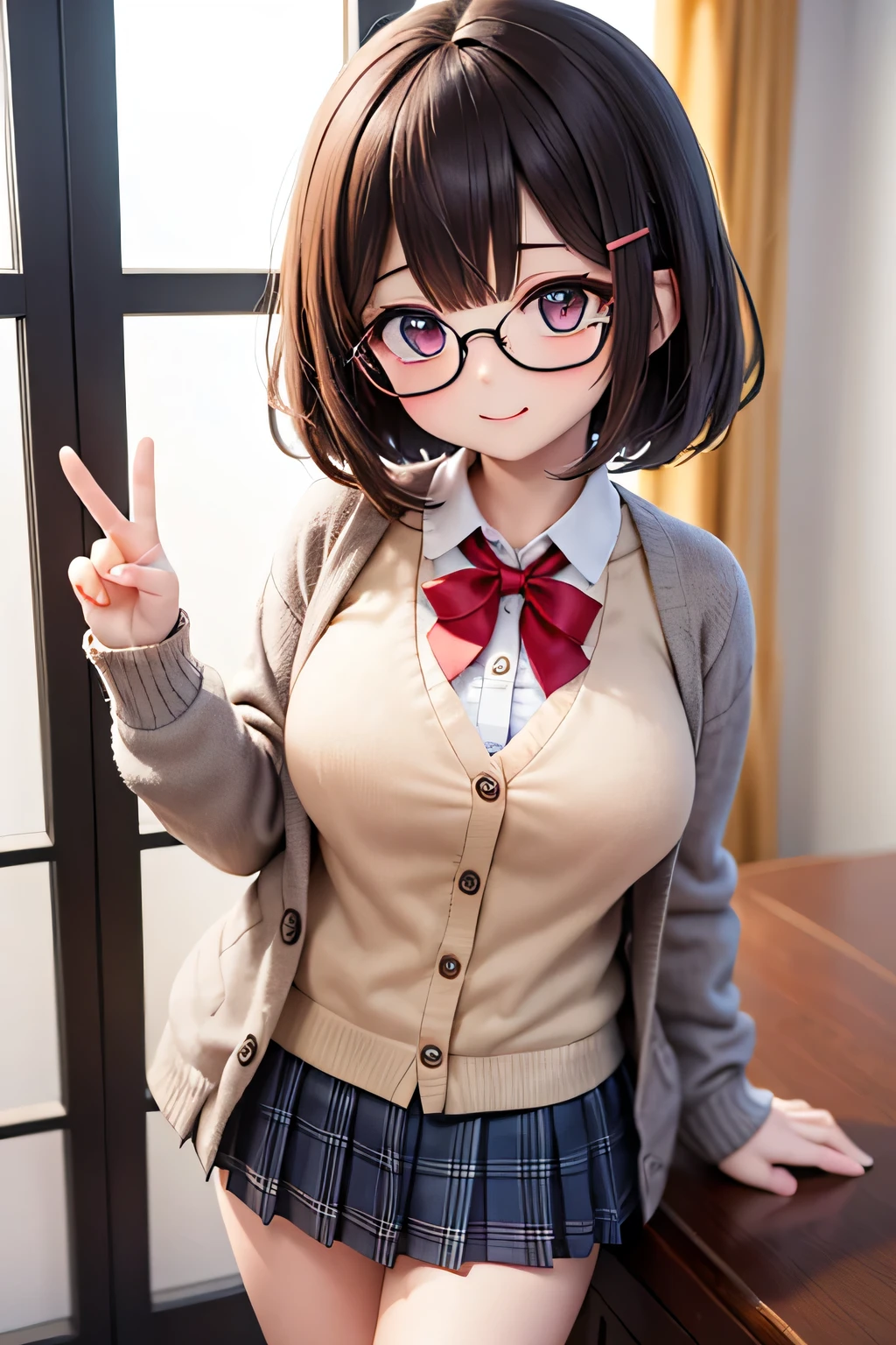 top quality、high resolution、(high image quality during sick leave:1.4)、masterpiece、Detailed Background、(very detailed face:1.2)、(detailed eyes:1.2)、age beauty、( huge breasts:1.3)、(Normal number of fingers:1.3)、anatomically correct、perfect body line、white day、cute image that looks like a girl、
(Shy girl getting a White Day return in the library after school:1.5)、(I'm too aware of his gaze:1.3)、
the sunset stretches their shadows for a long time、A girl who gets something in return after school {x} inside a cute wrapped cookie and a handwritten message card {x} The girl is surprised to receive a small package offered by the boy、the hand that unravels the ribbon shakes slightly、a pastel or plaid pleated skirt、the cheeks are slowly dyed red、I tend to fiddle with the ribbon with my fingers、I look away in a shameful way, but、I have a happy smile around my mouth、
I'm too aware of his gaze and can't see his face properly、I'm too aware of his gaze、I can't see his face properly、A spring-like cardigan、Hairpin with a small ribbon、Glasses、cute