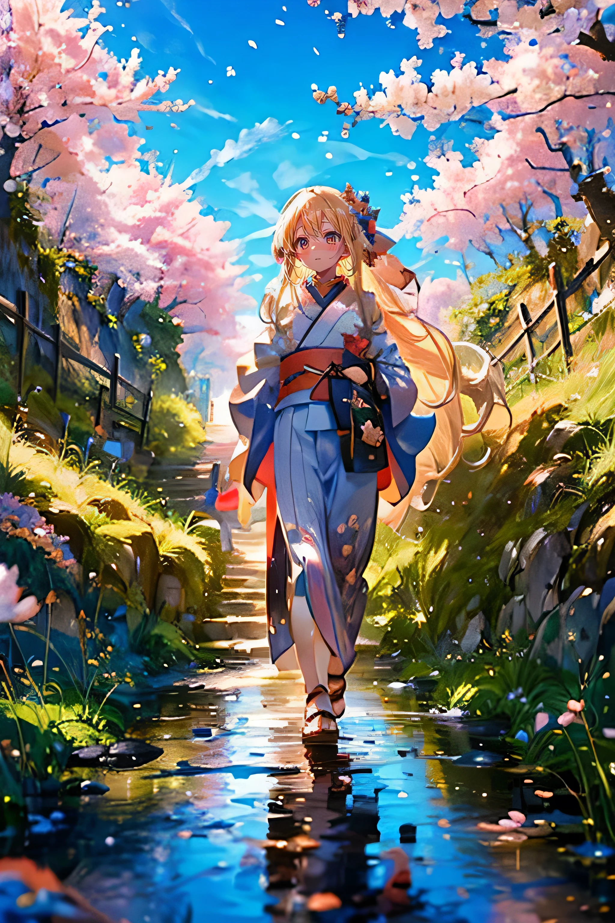 (masterpiece), (best quality), masterpiece, best quality, (best quality, masterpiece, ), [[:✋,:0.5]::0.8],1 girl, Long Blonde Hair,   kimono, Front ,upper body up,  ((Walking along the coastal path)),  Opening Her Hands , wind, 信じられないほどのwind景, blue sky, light,cherry blossoms