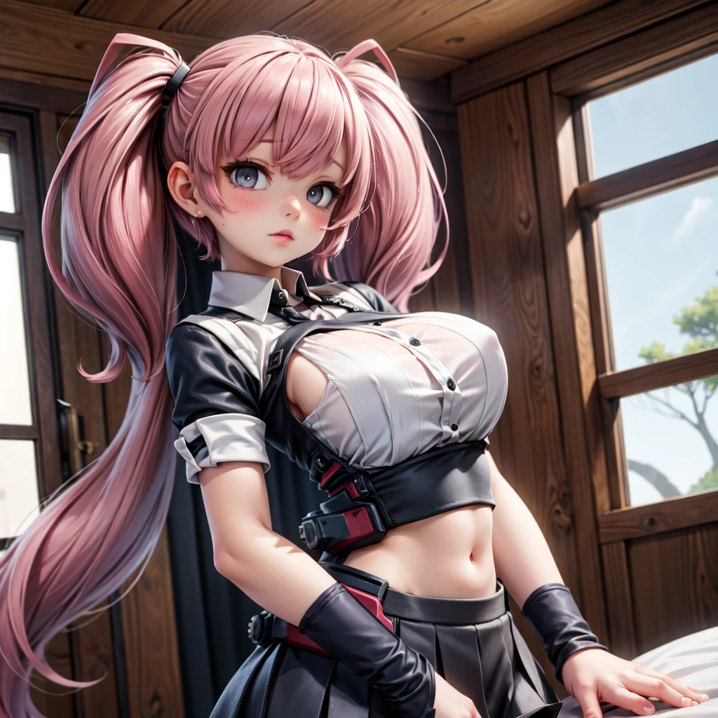 ((work of art)), (best qualityer), (detailded), 1 girl,
gazing at viewer, (lipstick:0.75), leaning forward,
long pink hair, twintails,
colorful thighs,
winter, bright coloured, Beautiful breasts, beautifull butt,light pink outfit ,a random profession cosplay.. objects on the procession, chair ,Enter details of your chosen profession