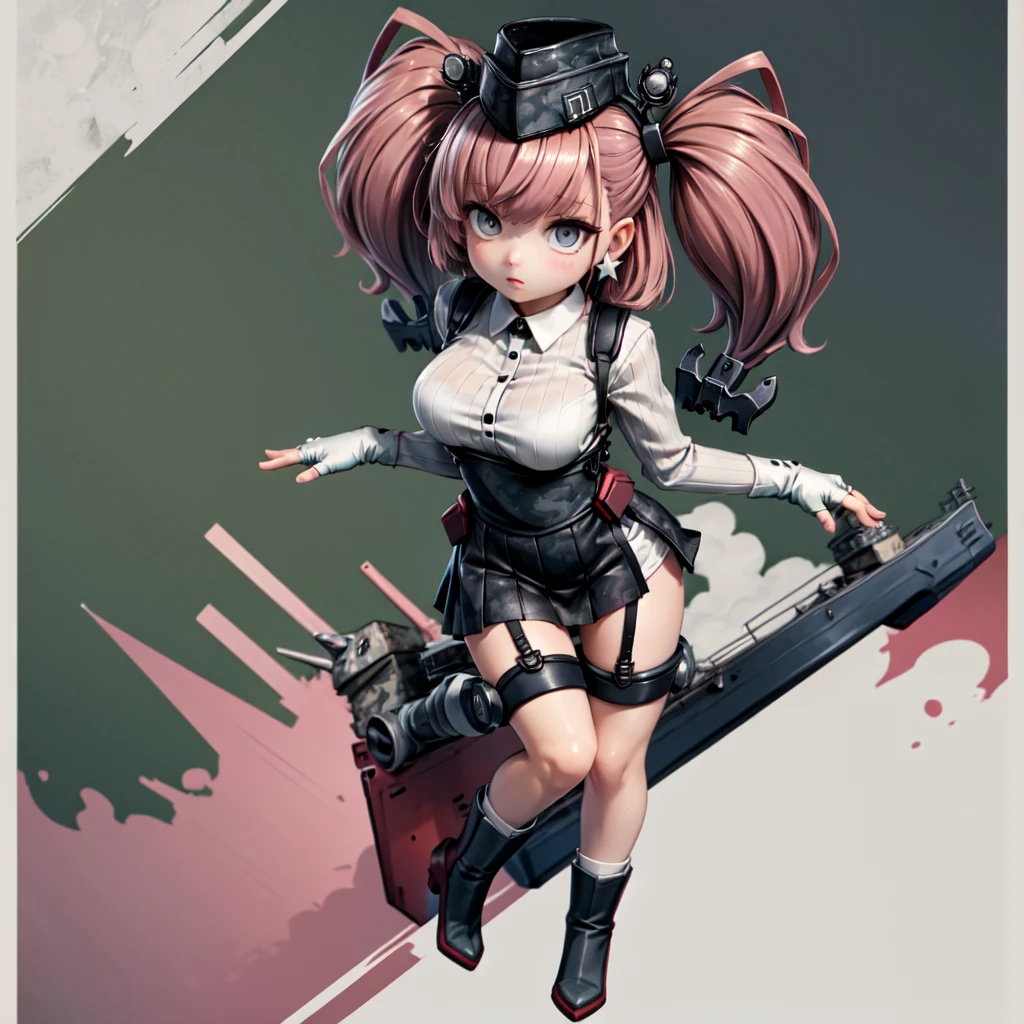 (((masterpiece、top-quality、hight resolution)))、
Original outfit, military outfits, ((1girl in)), long pink hair, pigtails, black sexy armour, cute face, perfect long legs, (standing), full body, black leather boots, stockings, cleavage, stockings, on a battleship